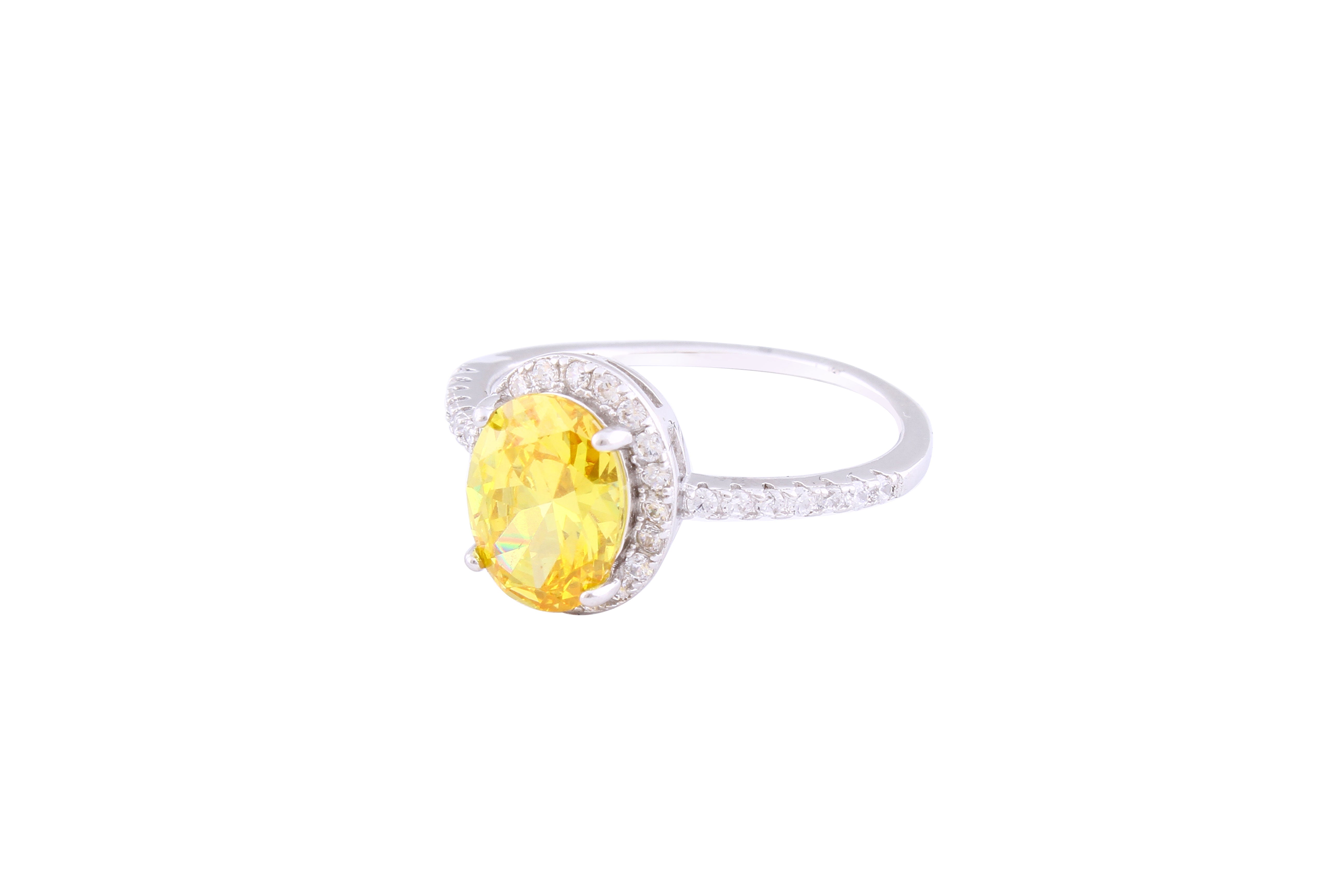 Asfour Crystal Halo Ring With Oval Cut Yellow Zircon Stone In 925 Sterling Silver RM0010-Y-9