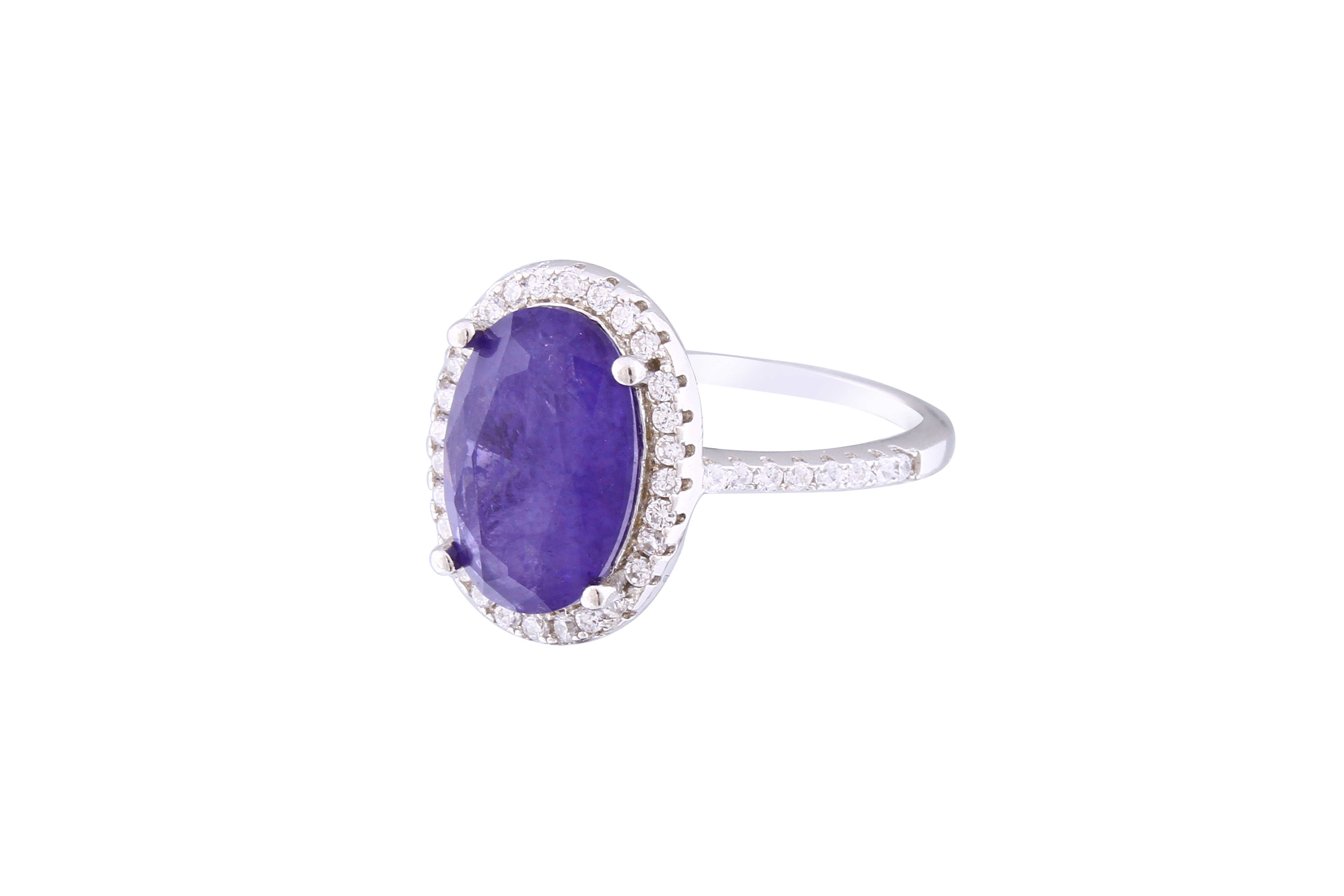 Asfour Crystal Halo Ring With Oval Cut Tenzanite Zircon Stone In 925 Sterling Silver RM0011-N5-7