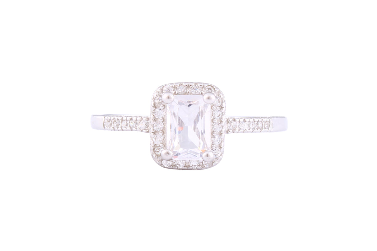 Asfour Crystal Halo Ring Inlaid With Emerald Cut Zircon Stone In 925 Sterling Silver RM0075-7