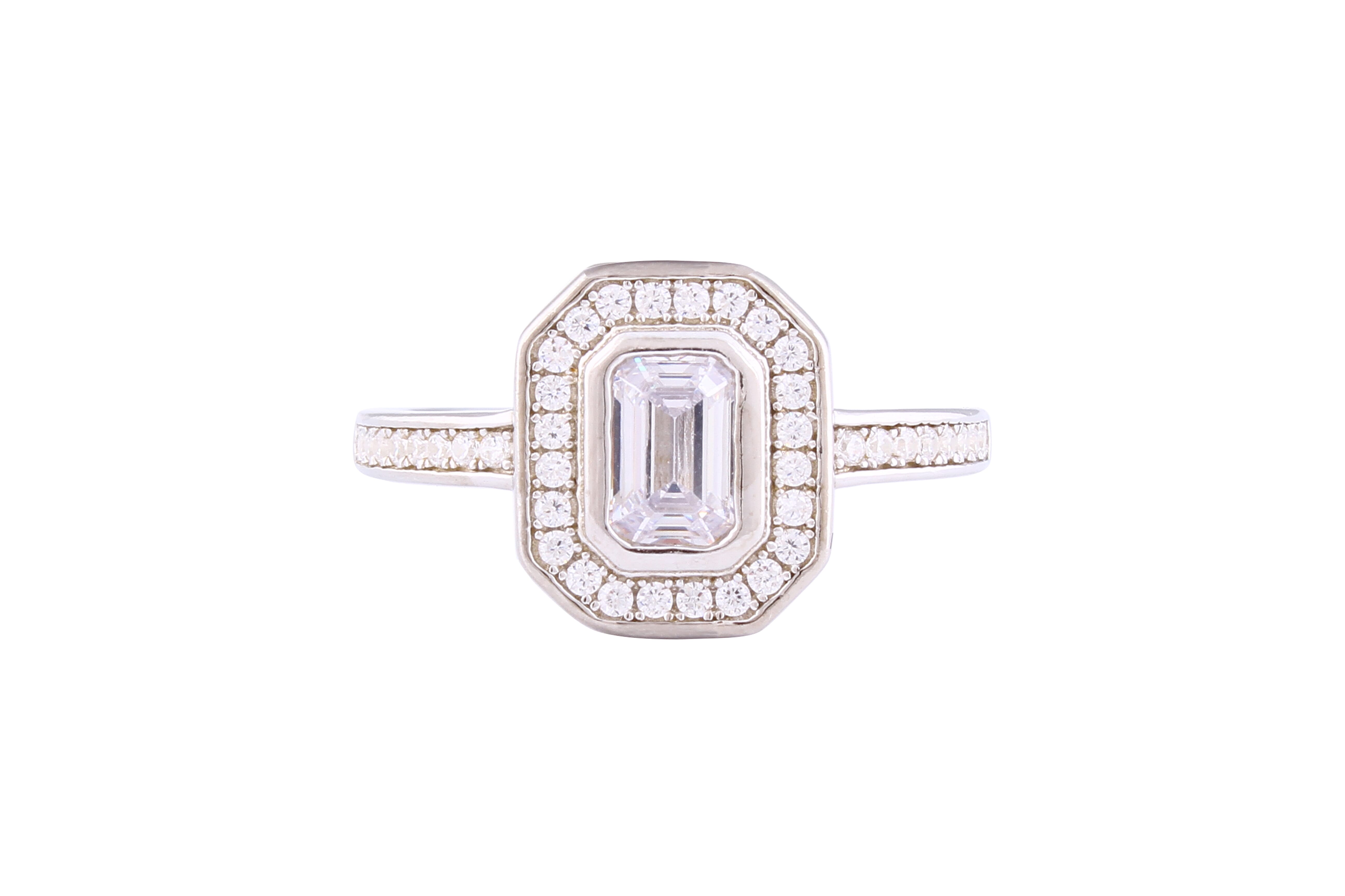 Asfour Crystal Halo Ring Inlaid With Emerald Cut Zircon Stone In 925 Sterling Silver RM0076-7