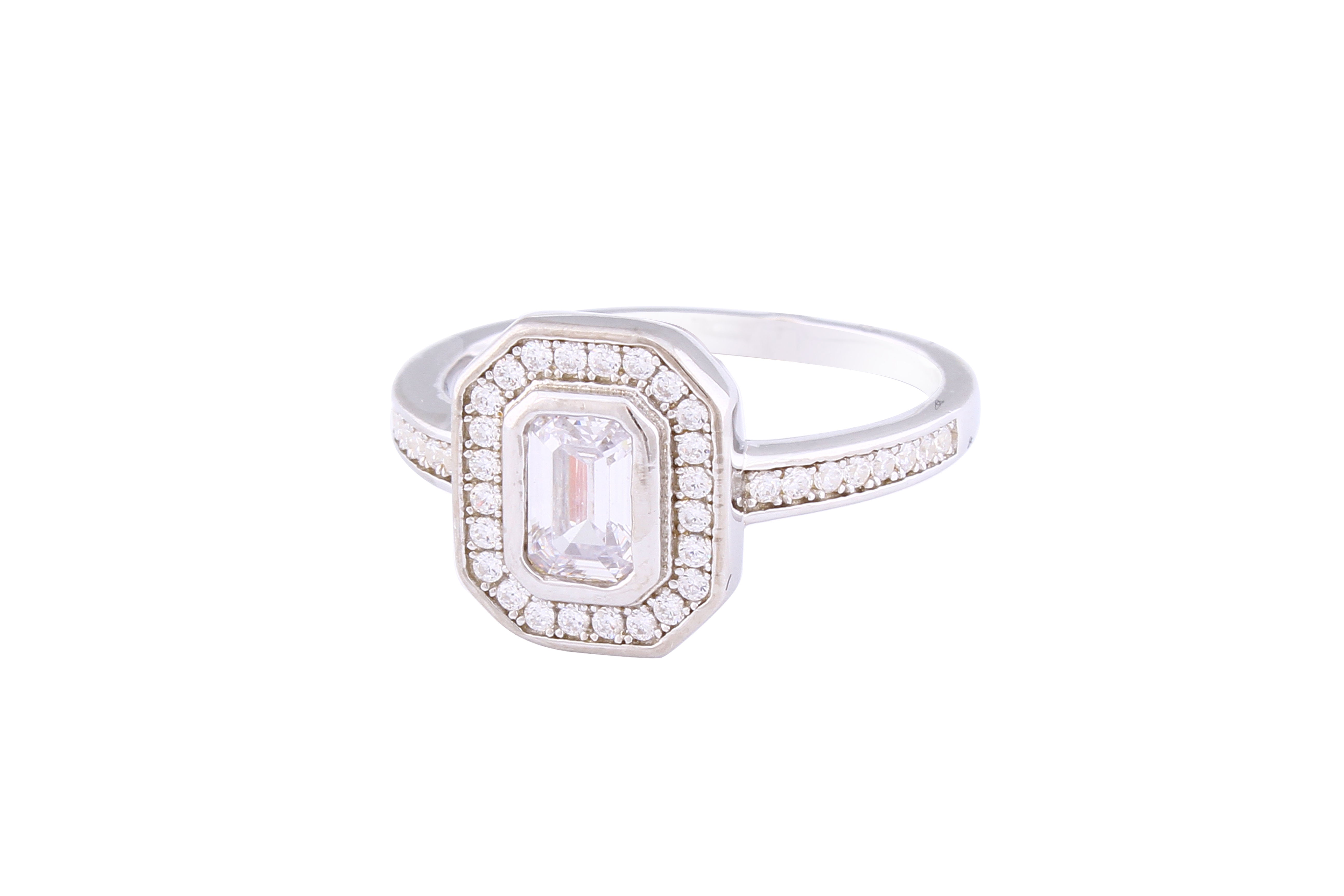 Asfour Crystal Halo Ring Inlaid With Emerald Cut Zircon Stone In 925 Sterling Silver RM0076-7