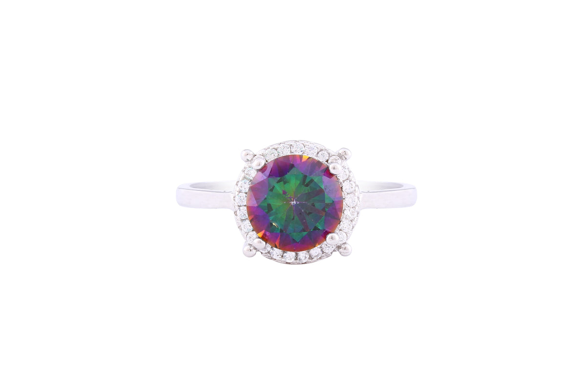 Asfour Crystal Halo Ring With Multi Color Round Zircon Stone In 925 Sterling Silver RM0077-AP-9