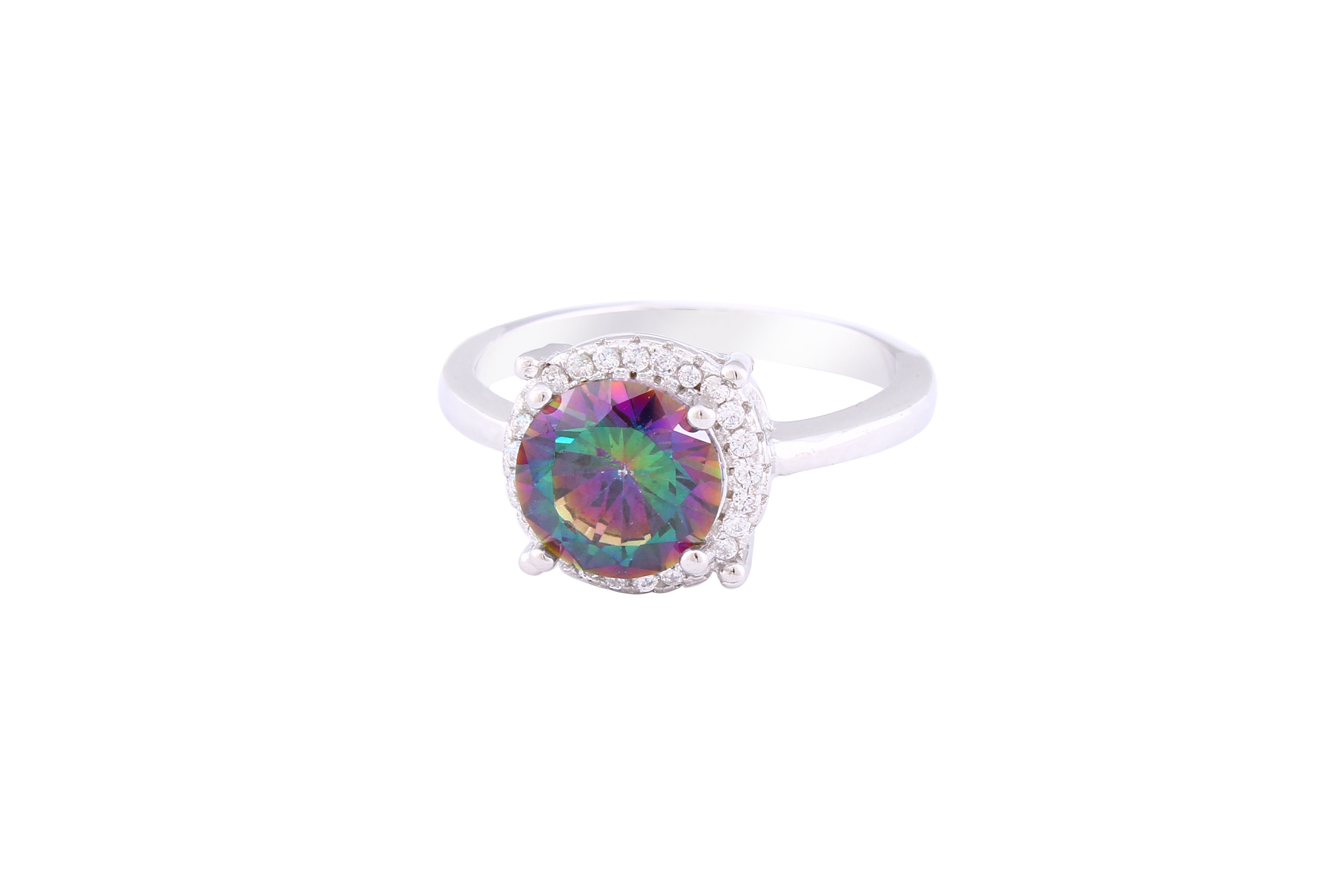 Asfour Crystal Halo Ring With Multi Color Round Zircon Stone In 925 Sterling Silver RM0077-AP-9