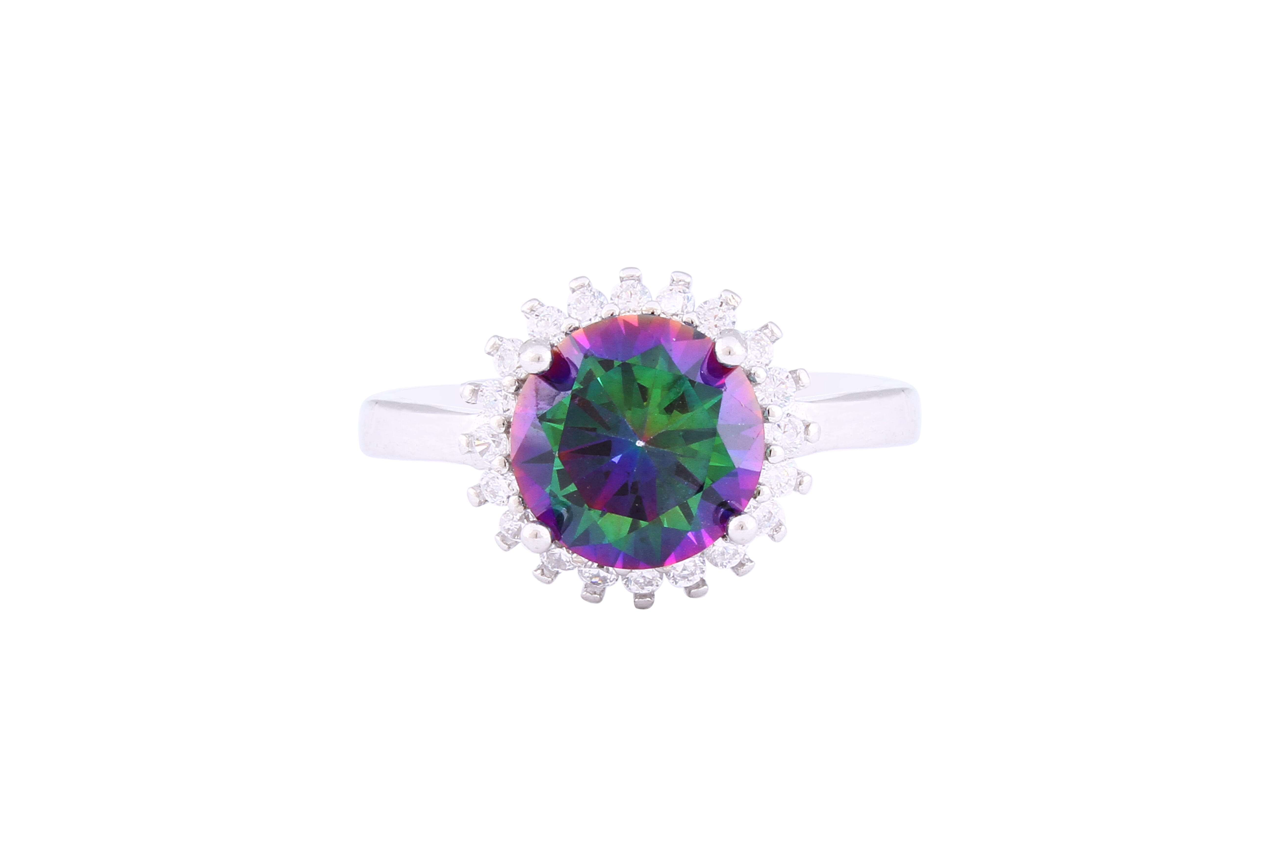 Asfour Crystal Halo Ring With Multi Color Round Zircon Stone In 925 Sterling Silver RM0078-AP-7