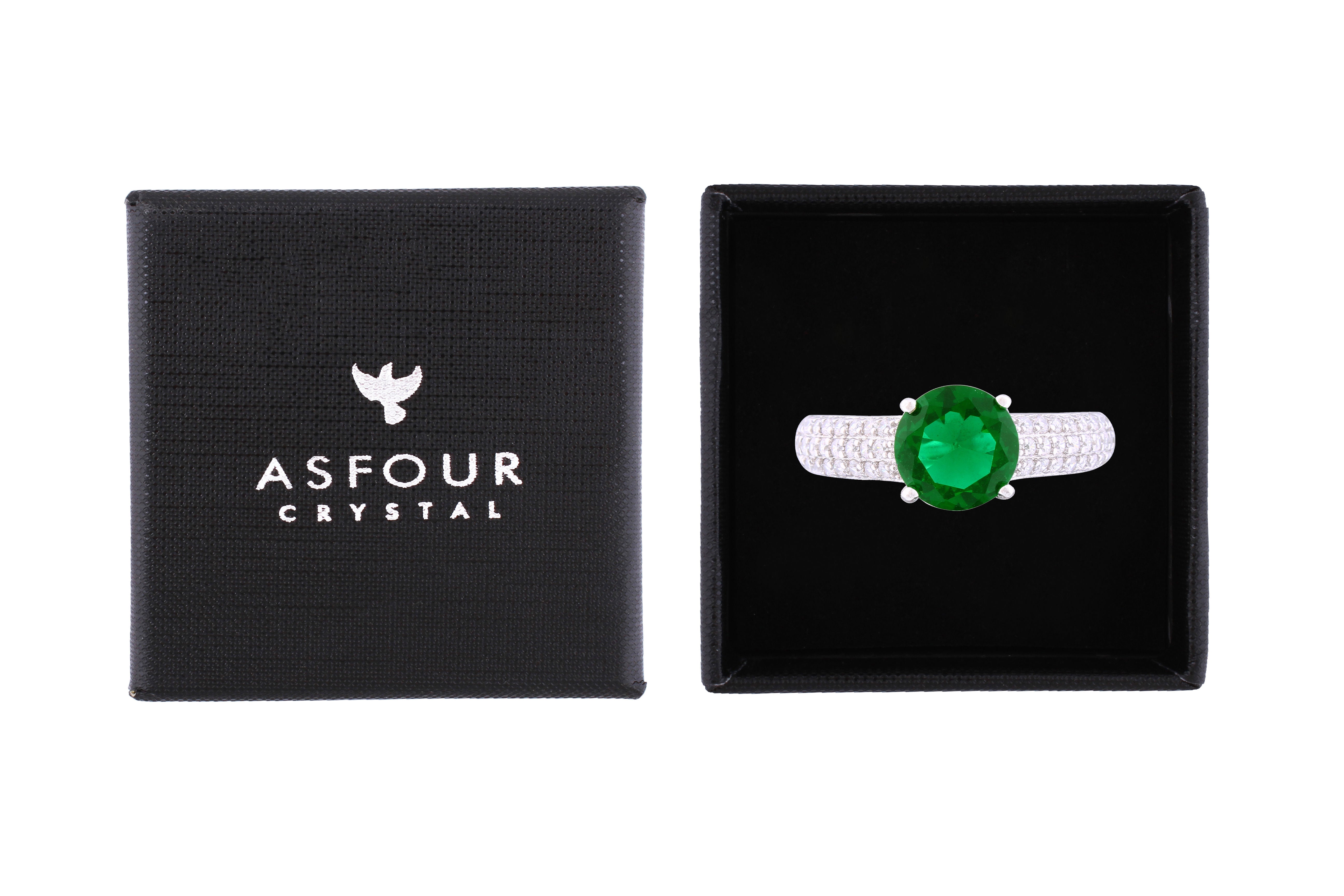 Asfour Crystal Drew Ring Inlaid With Emerald Round Zircon Stone In 925 Sterling Silver RM0081-WG-7