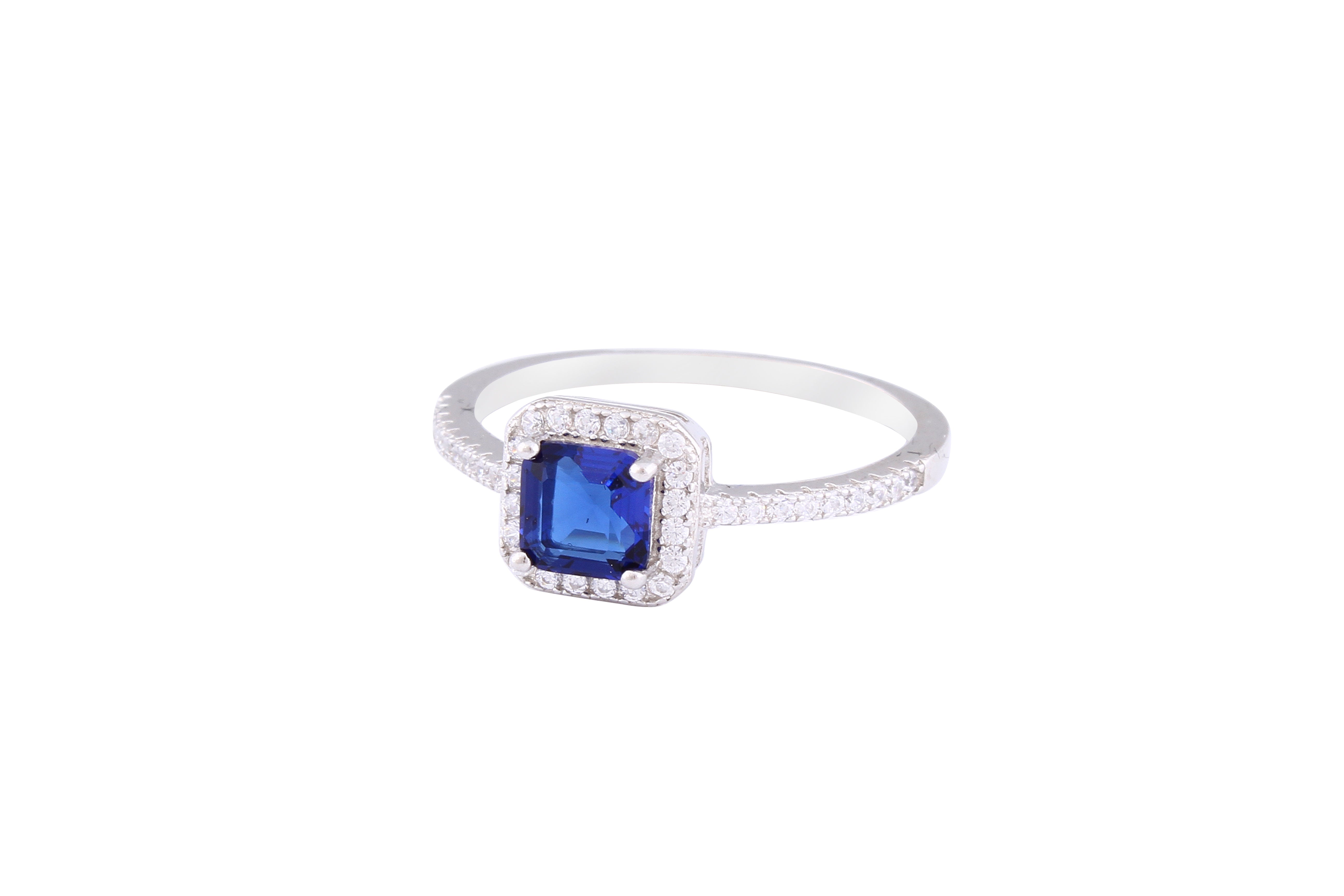 Asfour Crystal Halo Ring With Blue Square Zircon Stone In 925 Sterling Silver RM0082-WB-8