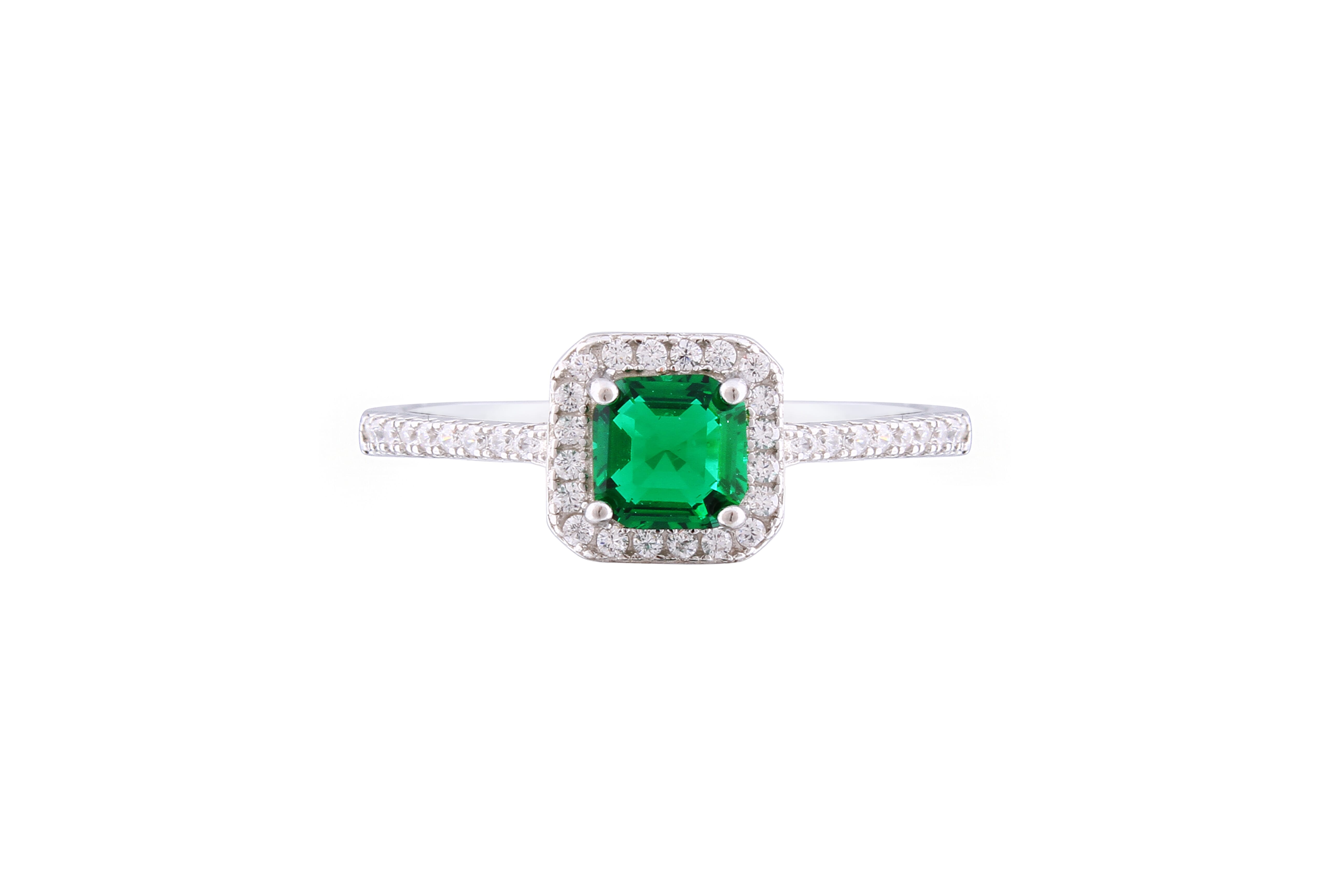 Asfour Crystal Halo Ring With Emerald Square Zircon Stone In 925 Sterling Silver RM0082-WG-7