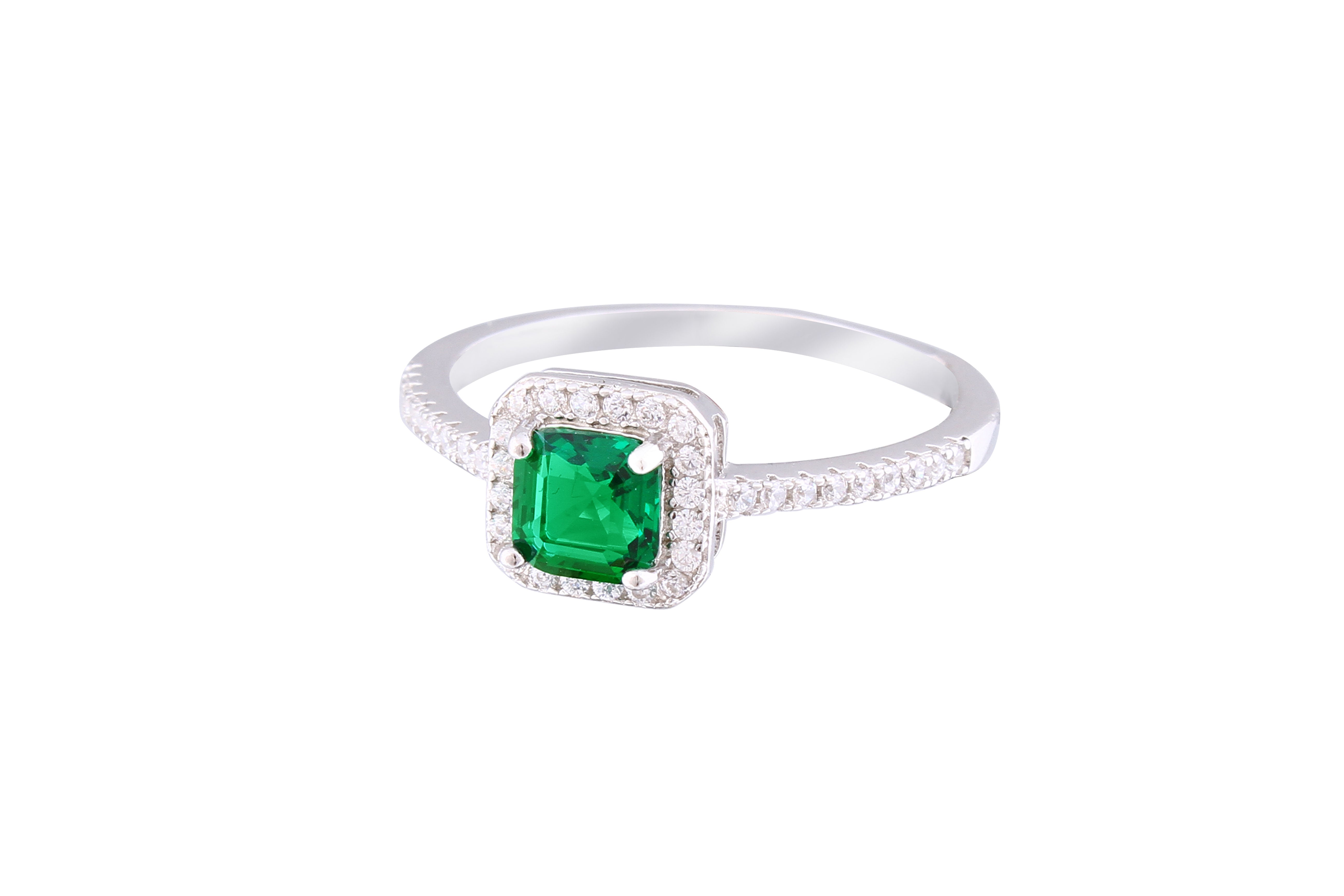 Asfour Crystal Halo Ring With Emerald Square Zircon Stone In 925 Sterling Silver RM0082-WG-7