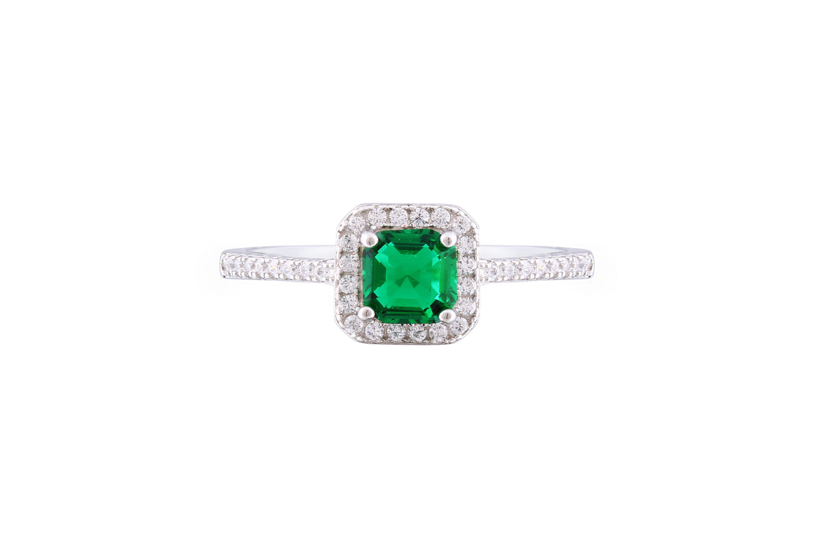 Asfour Crystal Halo Ring With Emerald Square Zircon Stone In 925 Sterling Silver RM0082-WG-8