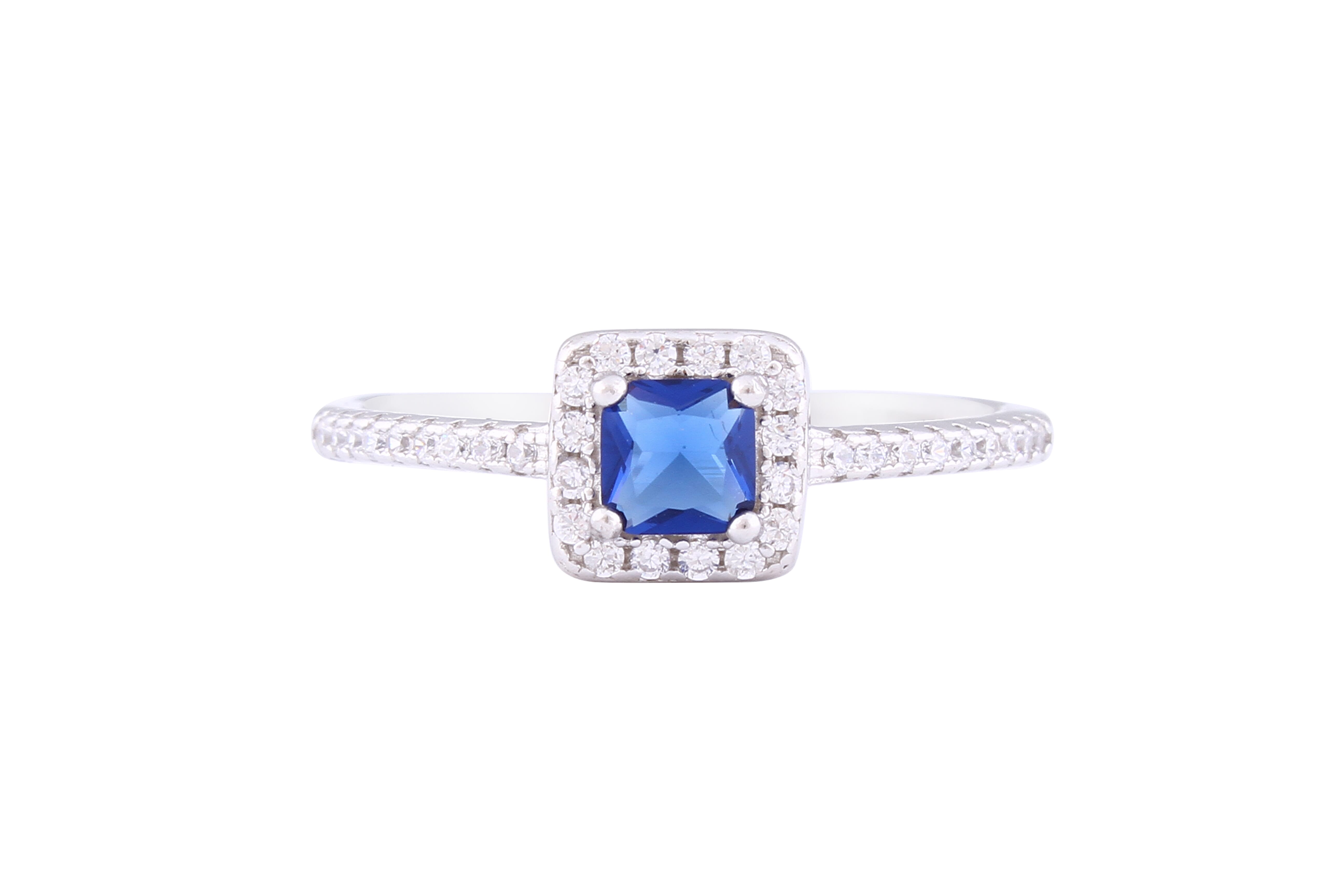 Asfour Crystal Halo Ring With Blue Square Zircon Stone In 925 Sterling Silver RM0083-WB-7