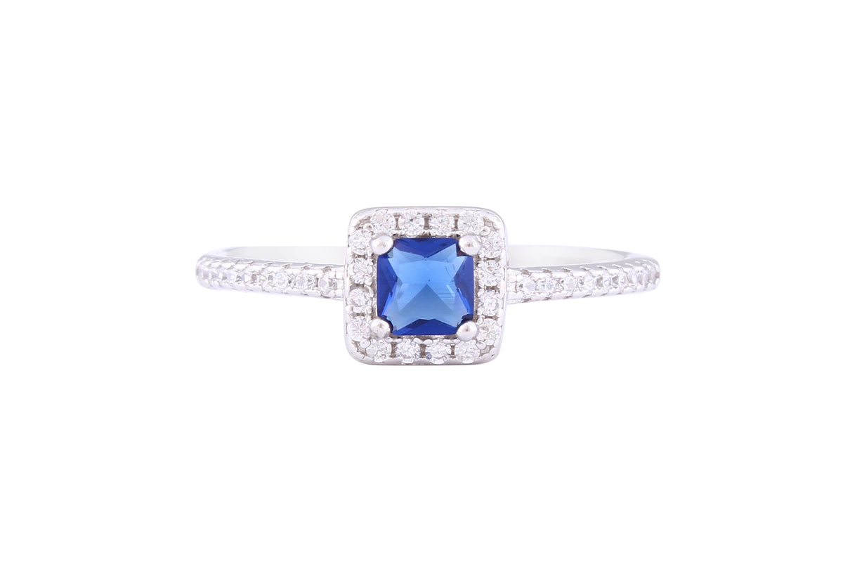 Asfour Crystal Halo Ring With Blue Square Zircon Stone In 925 Sterling Silver RM0083-WB-7