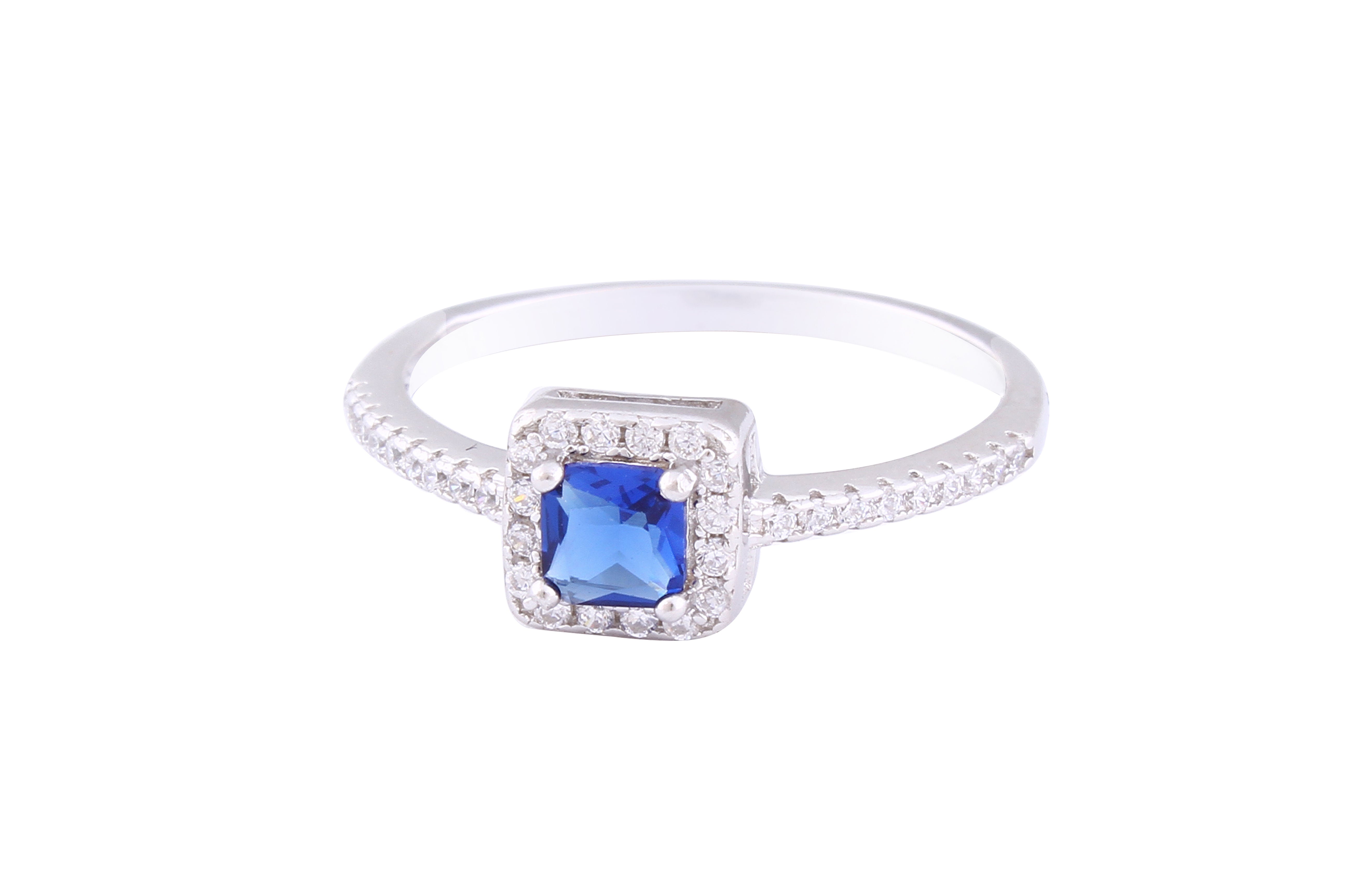 Asfour Crystal Halo Ring With Blue Square Zircon Stone In 925 Sterling Silver RM0083-WB-7