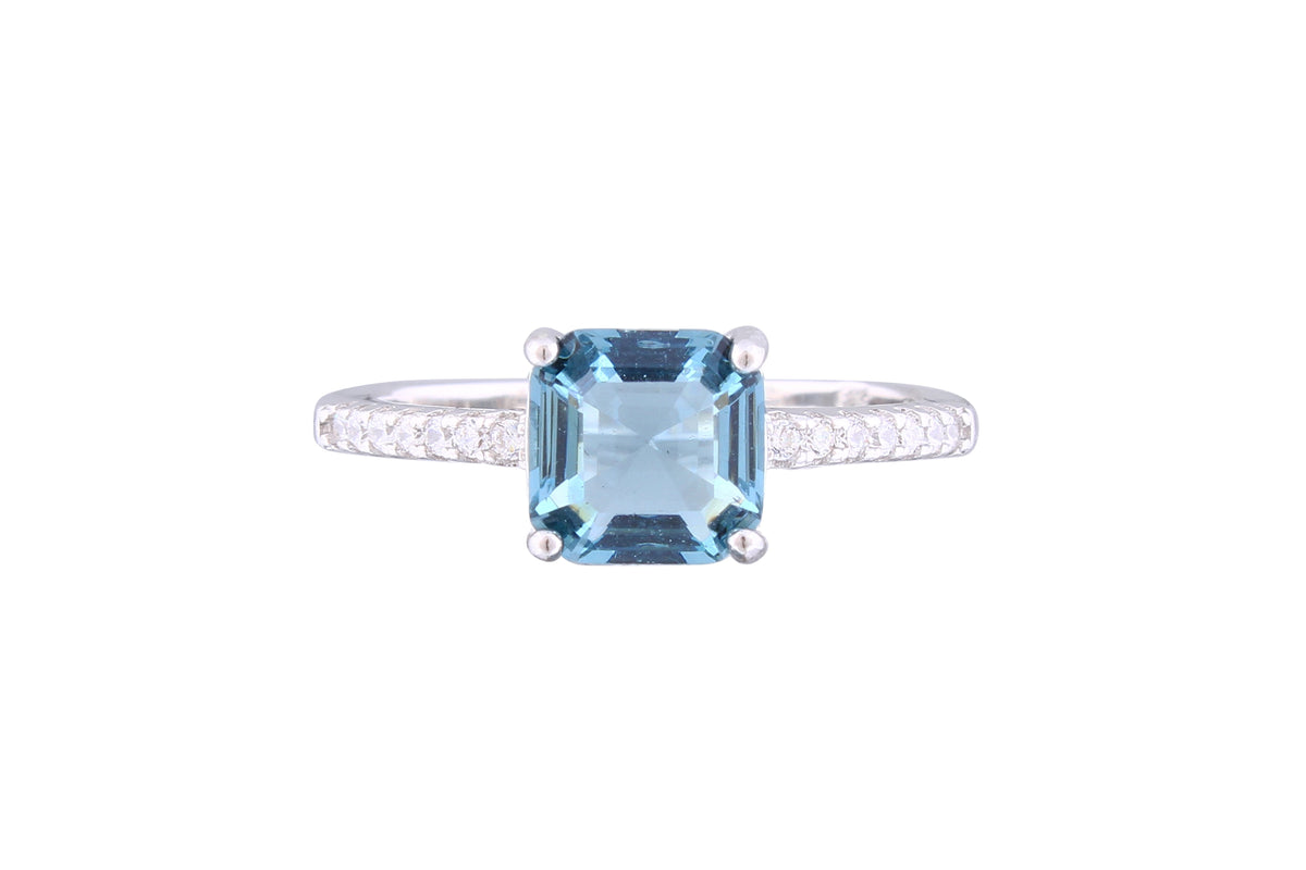 Asfour Crystal Drew Ring With Aquamarine Asscher Cut Zircon Stone In 925 Sterling Silver RM0084-M-7