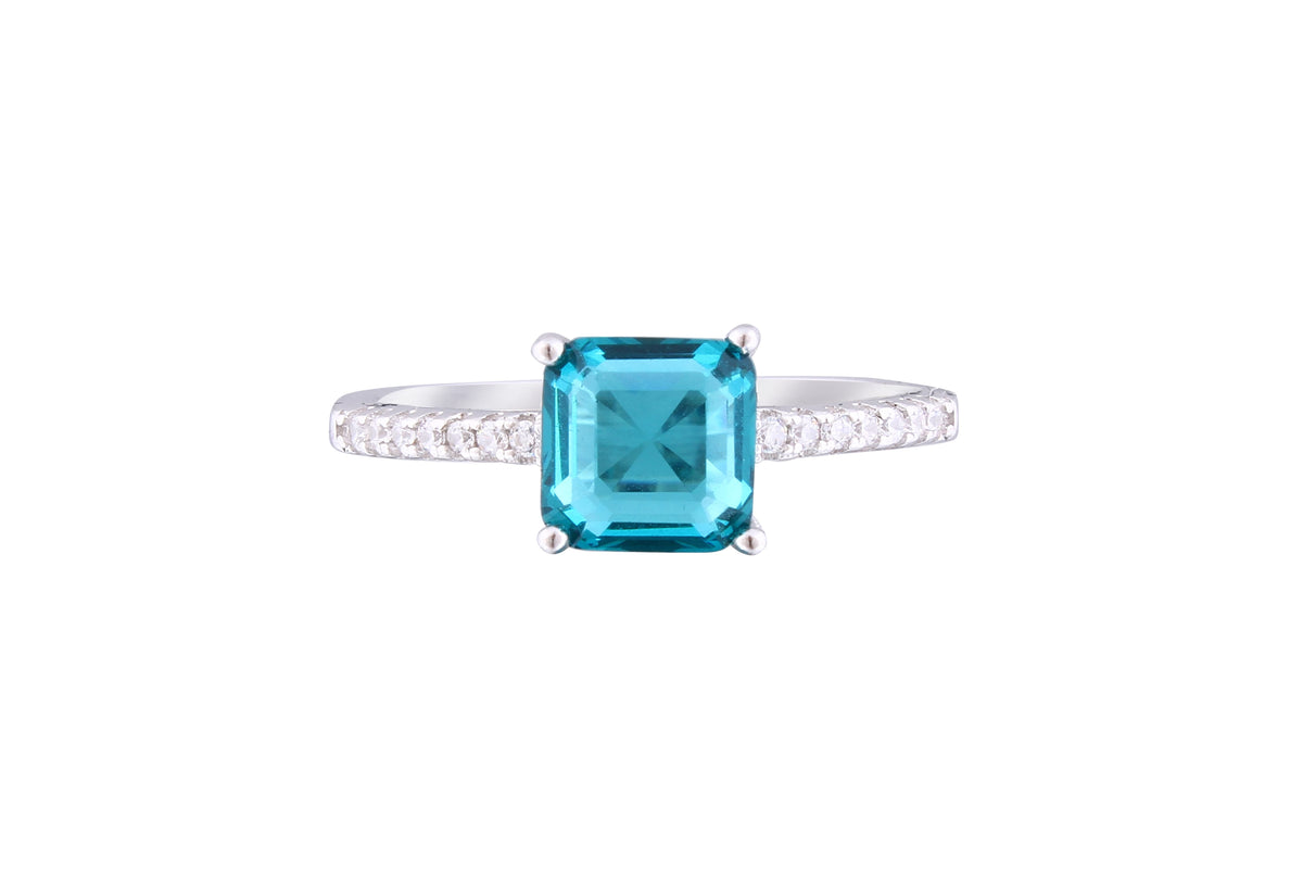 Asfour Crystal Drew Ring With Asscher Cut Blue Zircon Stone In 925 Sterling Silver RM0084-ZR-7