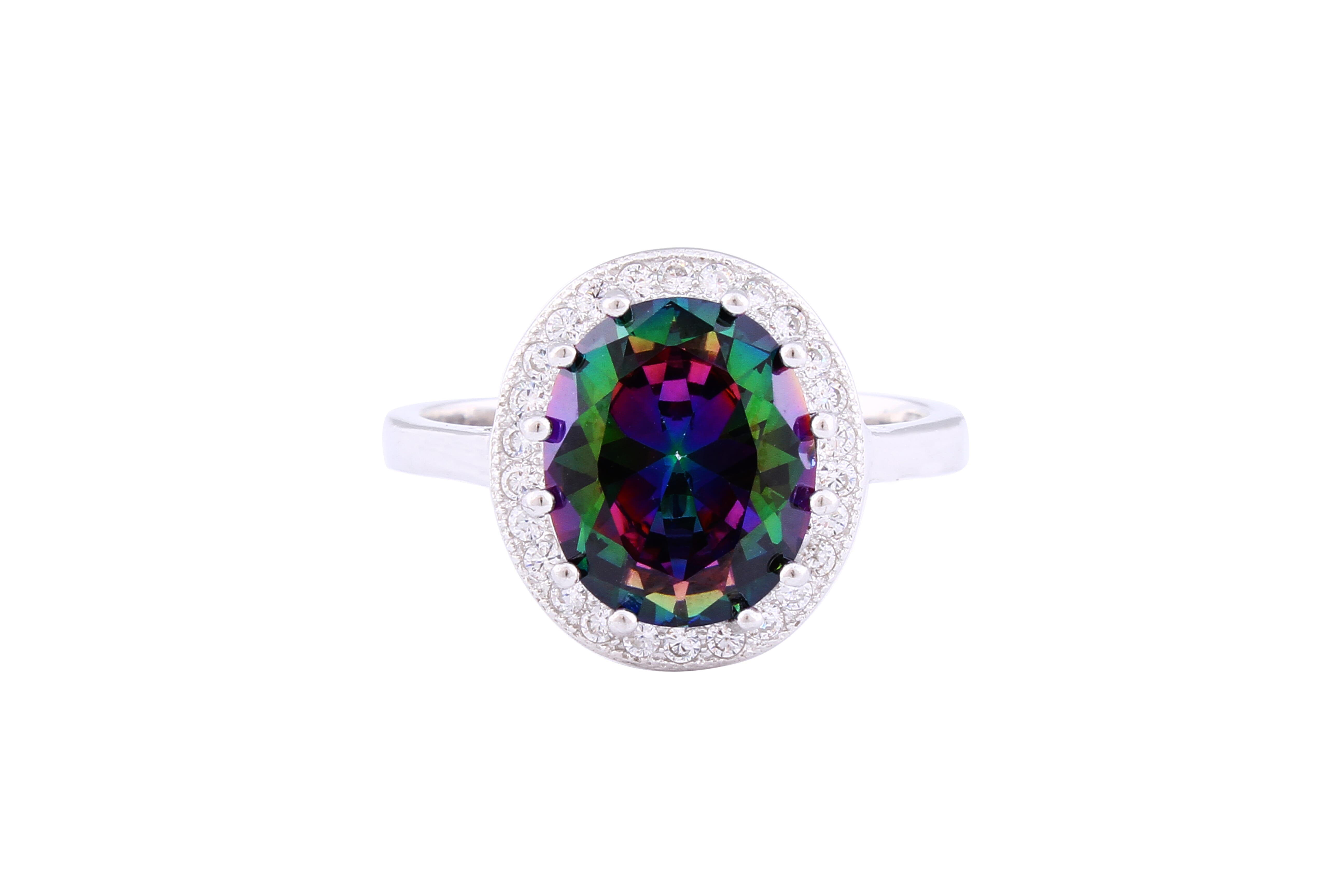 Asfour Crystal Halo Ring With Multi Color Oval Zircon Stone In 925 Sterling Silver RM0087-AP-8