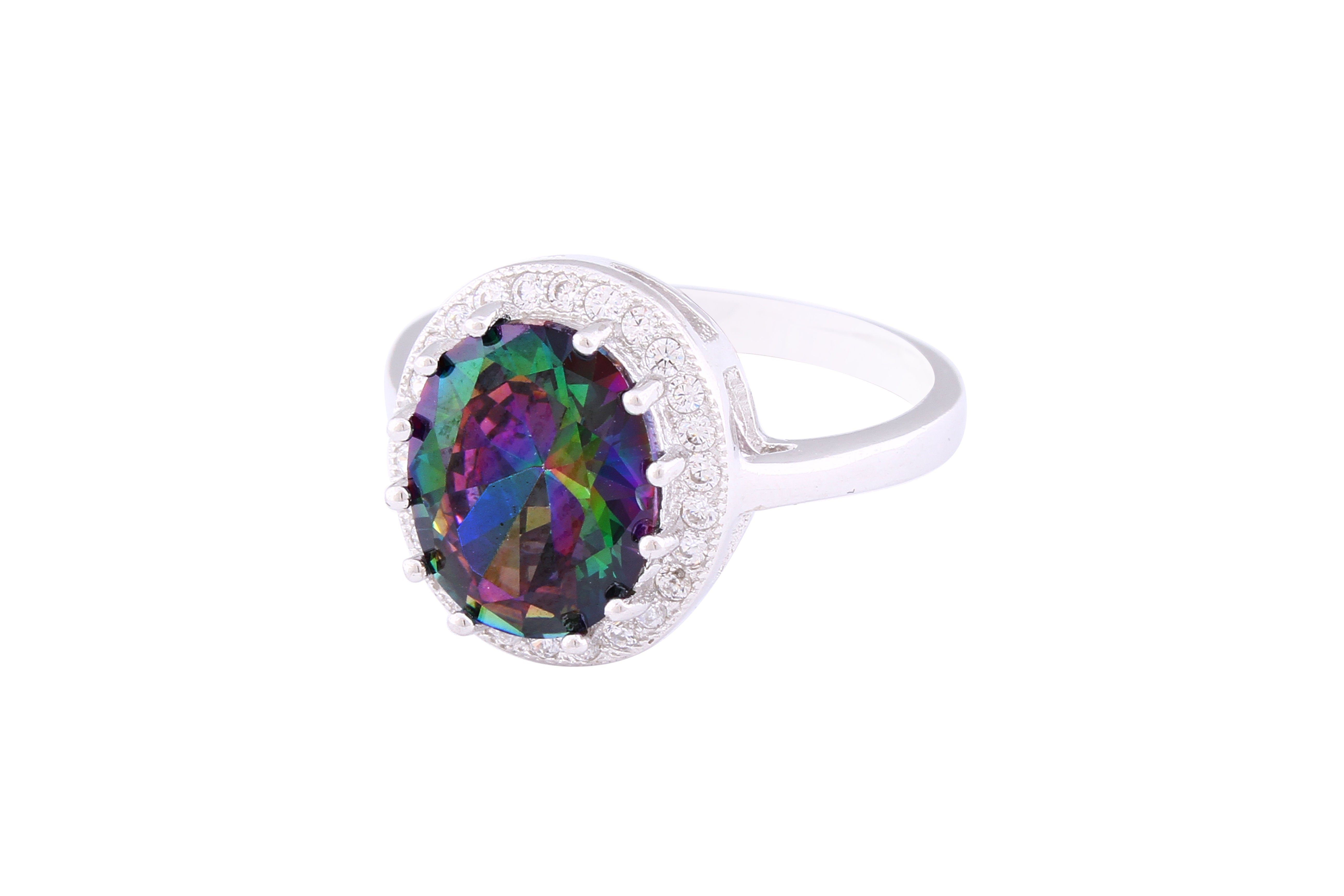 Asfour Crystal Halo Ring With Multi Color Oval Zircon Stone In 925 Sterling Silver RM0087-AP-8