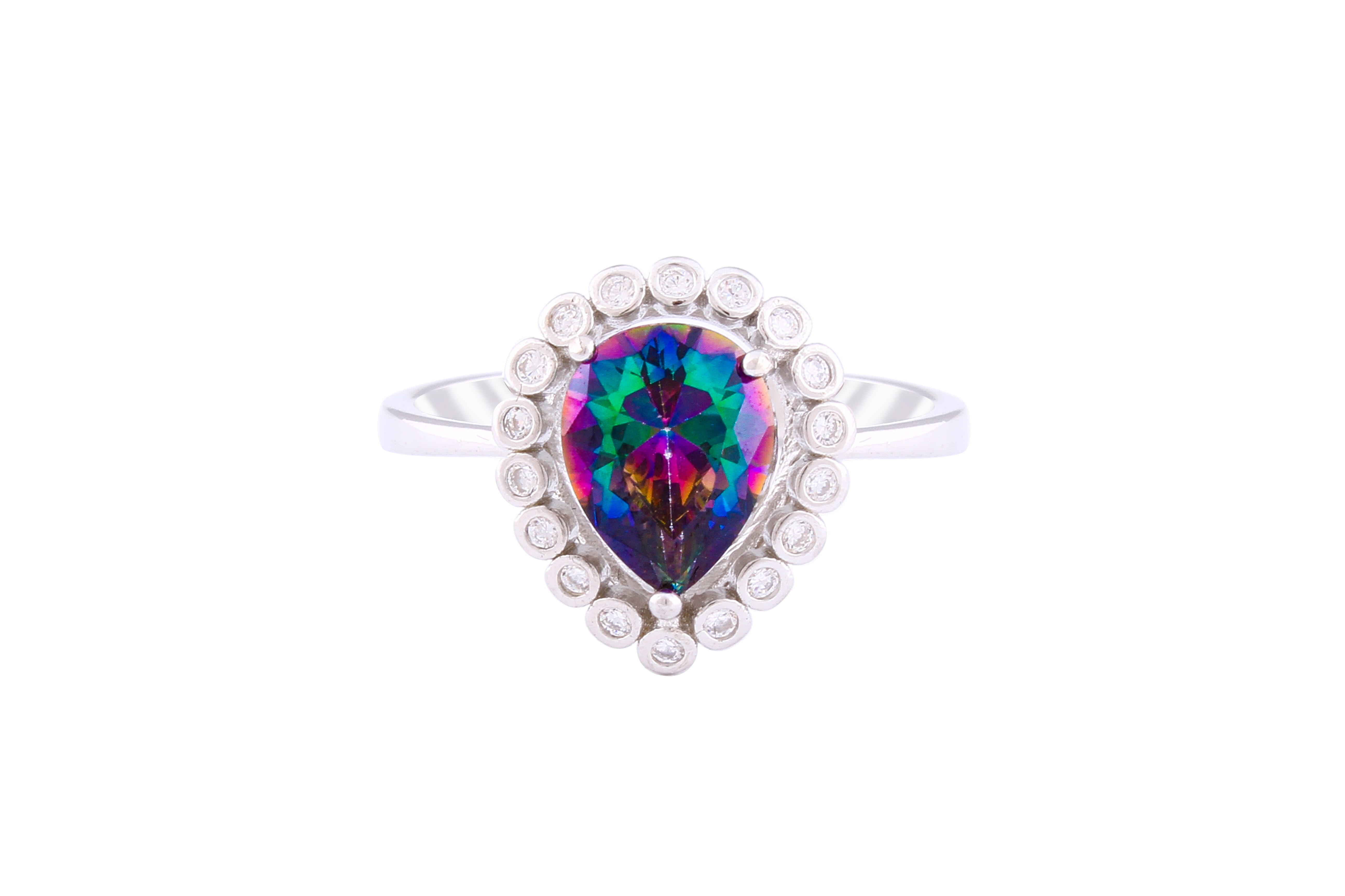 Asfour Crystal Halo Ring With Multi Color Pear Zircon Stone In 925 Sterling Silver RM0088-AP-7