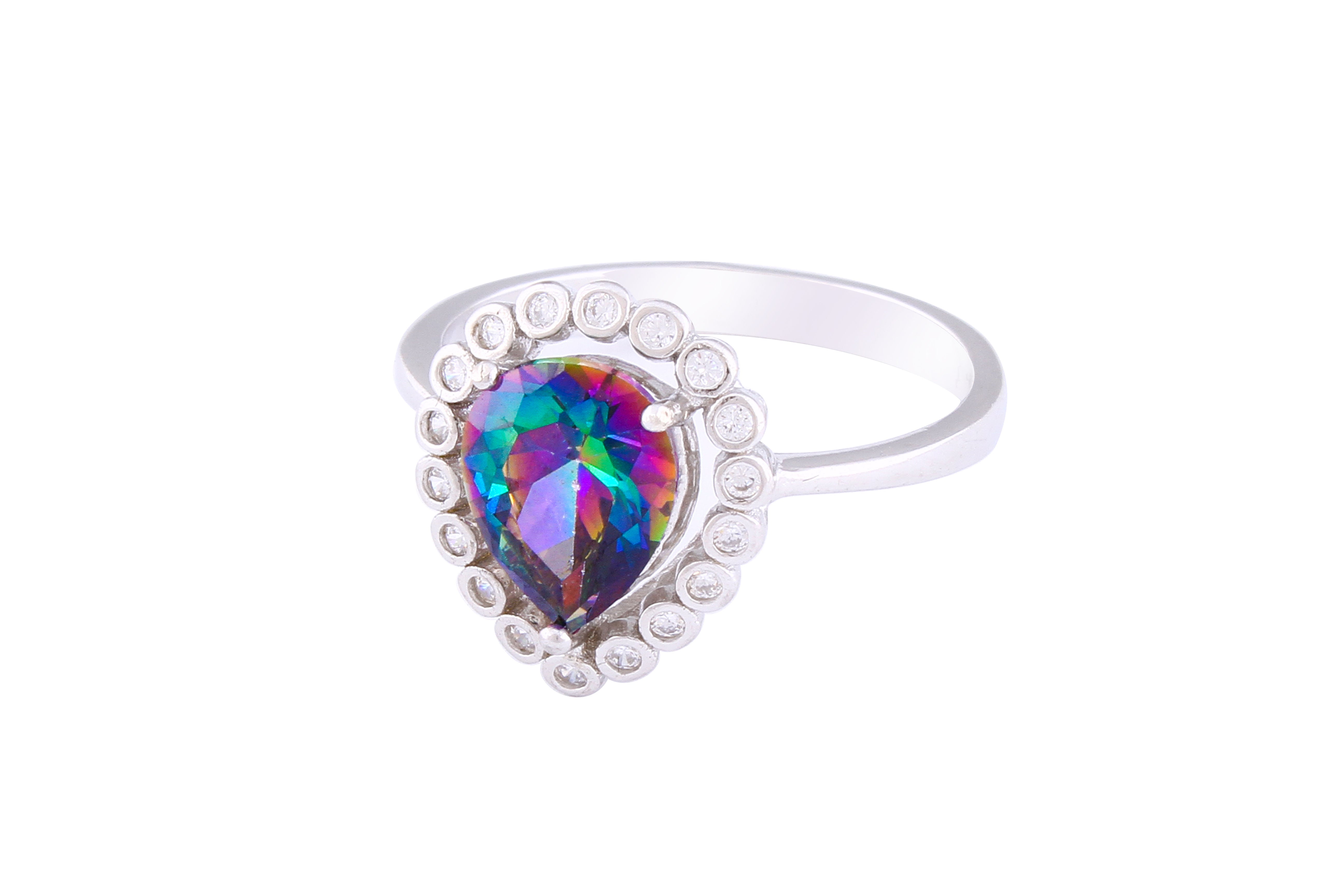 Asfour Crystal Halo Ring With Multi Color Pear Zircon Stone In 925 Sterling Silver RM0088-AP-7