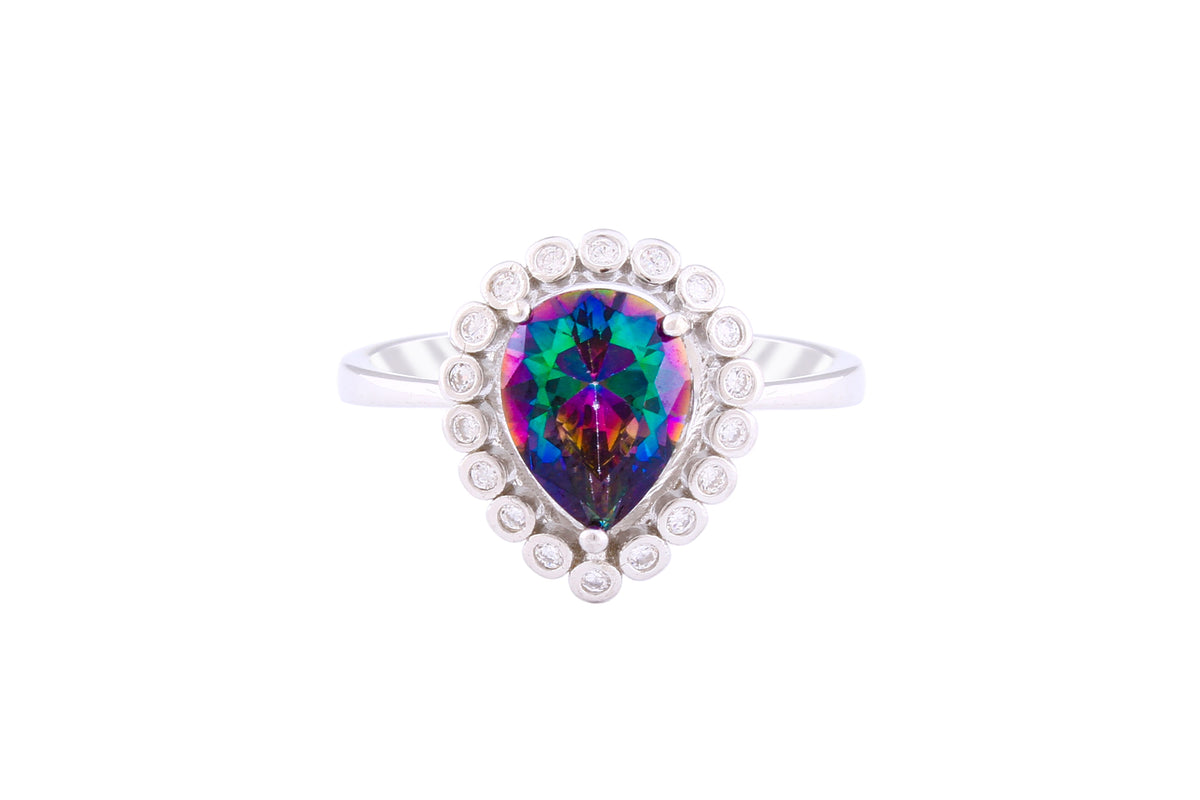 Asfour Crystal Halo Ring With Multi Color Pear Zircon Stone In 925 Sterling Silver RM0088-AP-8