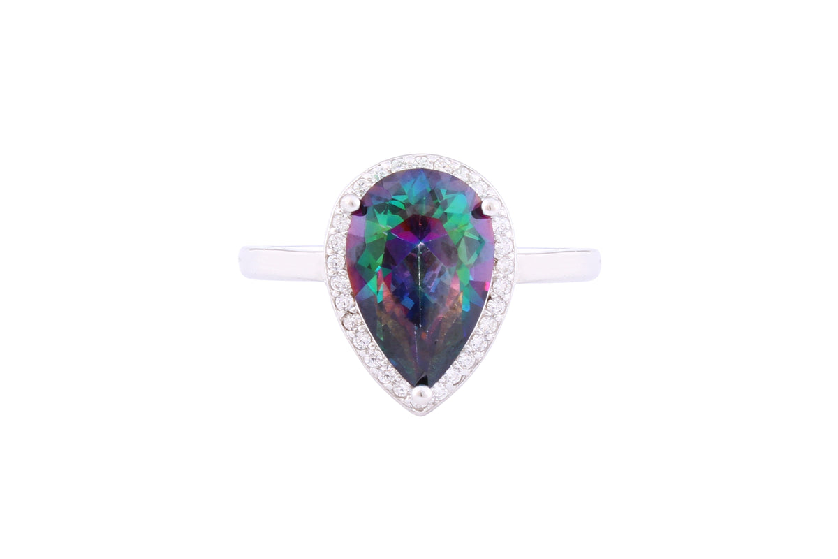 Asfour Crystal Halo Ring With Multi Color Pear Zircon Stone In 925 Sterling Silver RM0089-AP-7