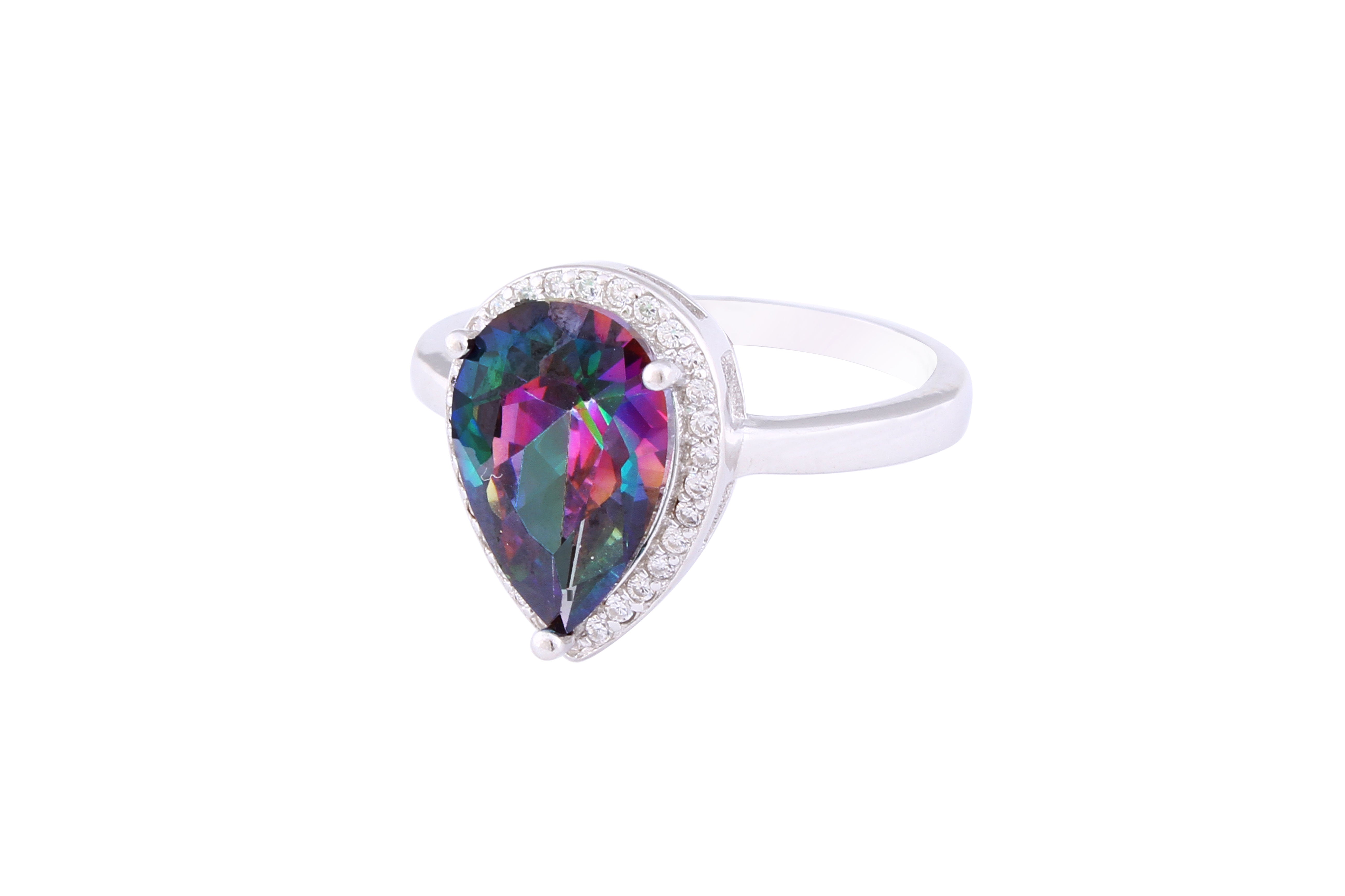 Asfour Crystal Halo Ring With Multi Color Pear Zircon Stone In 925 Sterling Silver RM0089-AP-7