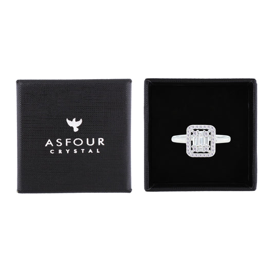 Asfour Crystal Drew Ring With Square Design Inlaid With Zircon In 925 Sterling Silver-RM0124-7
