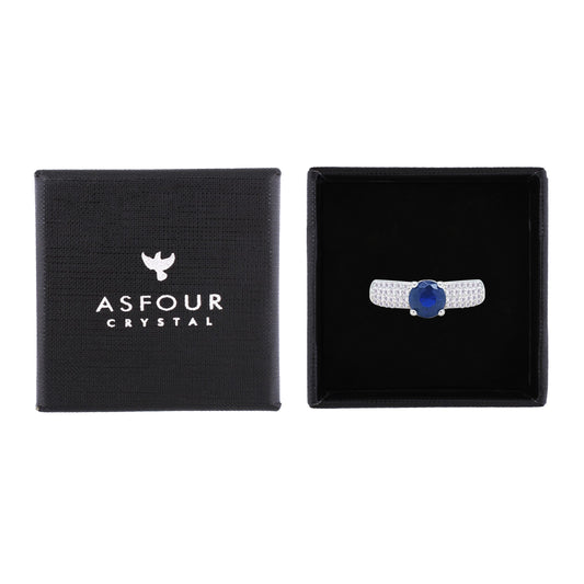 Asfour Crystal Fashion Ring With Blue Round Design Inlaid With Zircon In 925 Sterling Silver-RM0138-WB-8