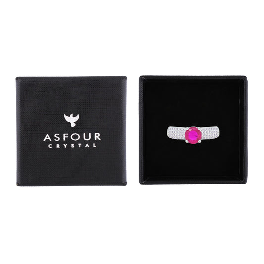 Asfour Crystal Fashion Ring With Fuchsia Round Design Inlaid With Zircon In 925 Sterling Silver-RM0138-WF-9