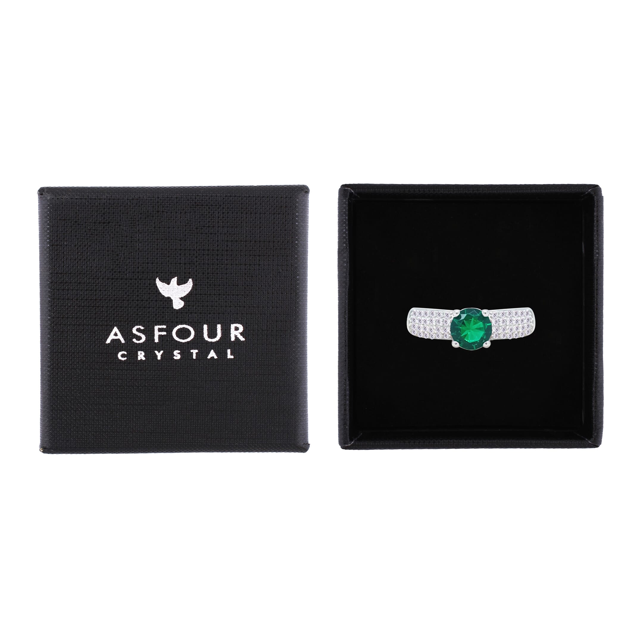 Asfour Crystal Fashion Ring With Emerald Green Round Design In 925 Sterling Silver-RM0138-WG-8