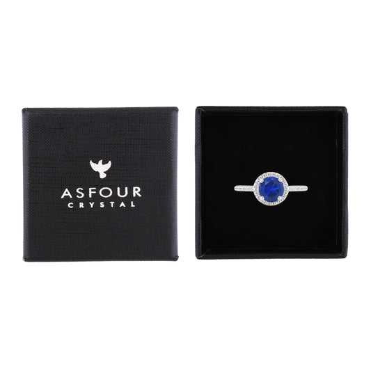 Asfour Crystal Halo Ring With Blue Round Design In 925 Sterling Silver-RM0139-B-7