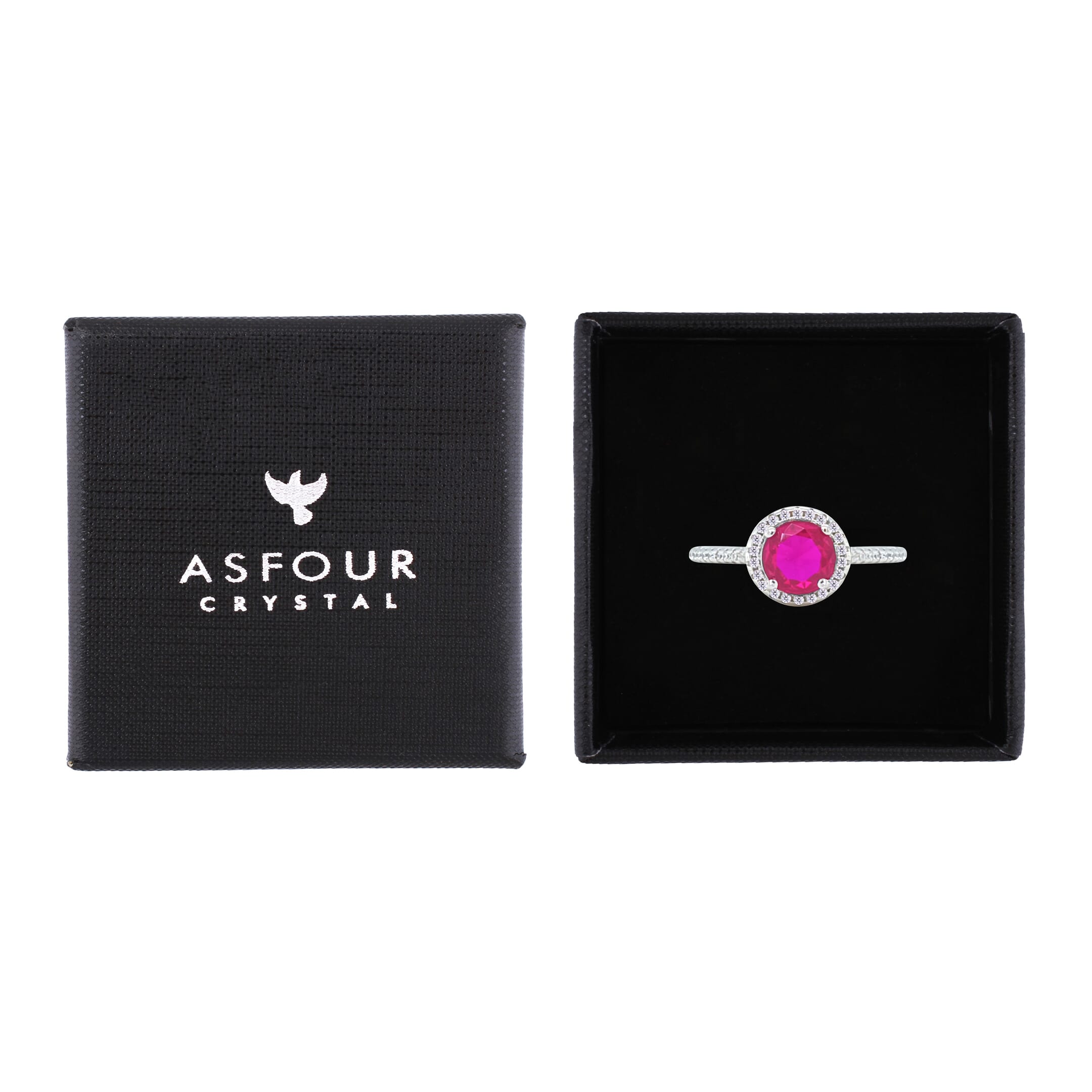 Asfour Crystal Halo Ring With Fuchsia Round Design In 925 Sterling Silver-RM0139-F-9