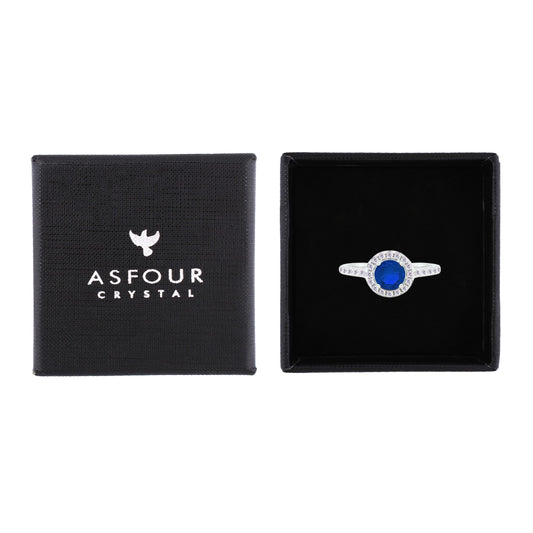 Asfour Crystal Halo Ring With Blue Round Design In 925 Sterling Silver-RM0140-B-7