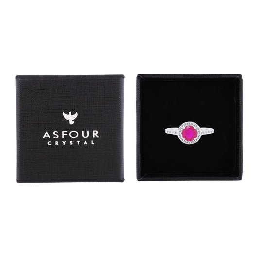 Asfour Crystal Halo Ring With Fuchsia Round Design In 925 Sterling Silver-RM0140-F-7