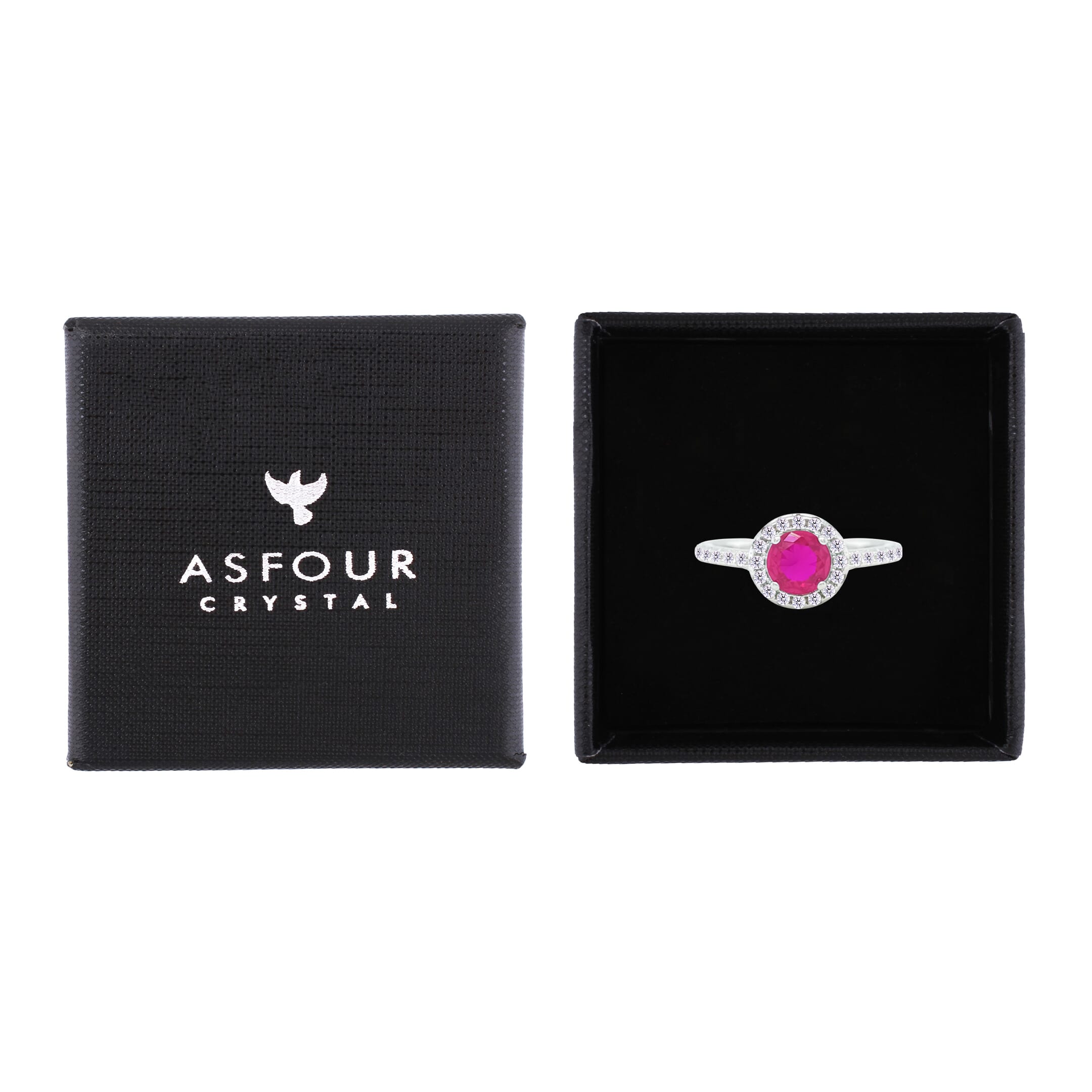 Asfour Crystal Halo Ring With Fuchsia Round Design In 925 Sterling Silver-RM0140-F-8