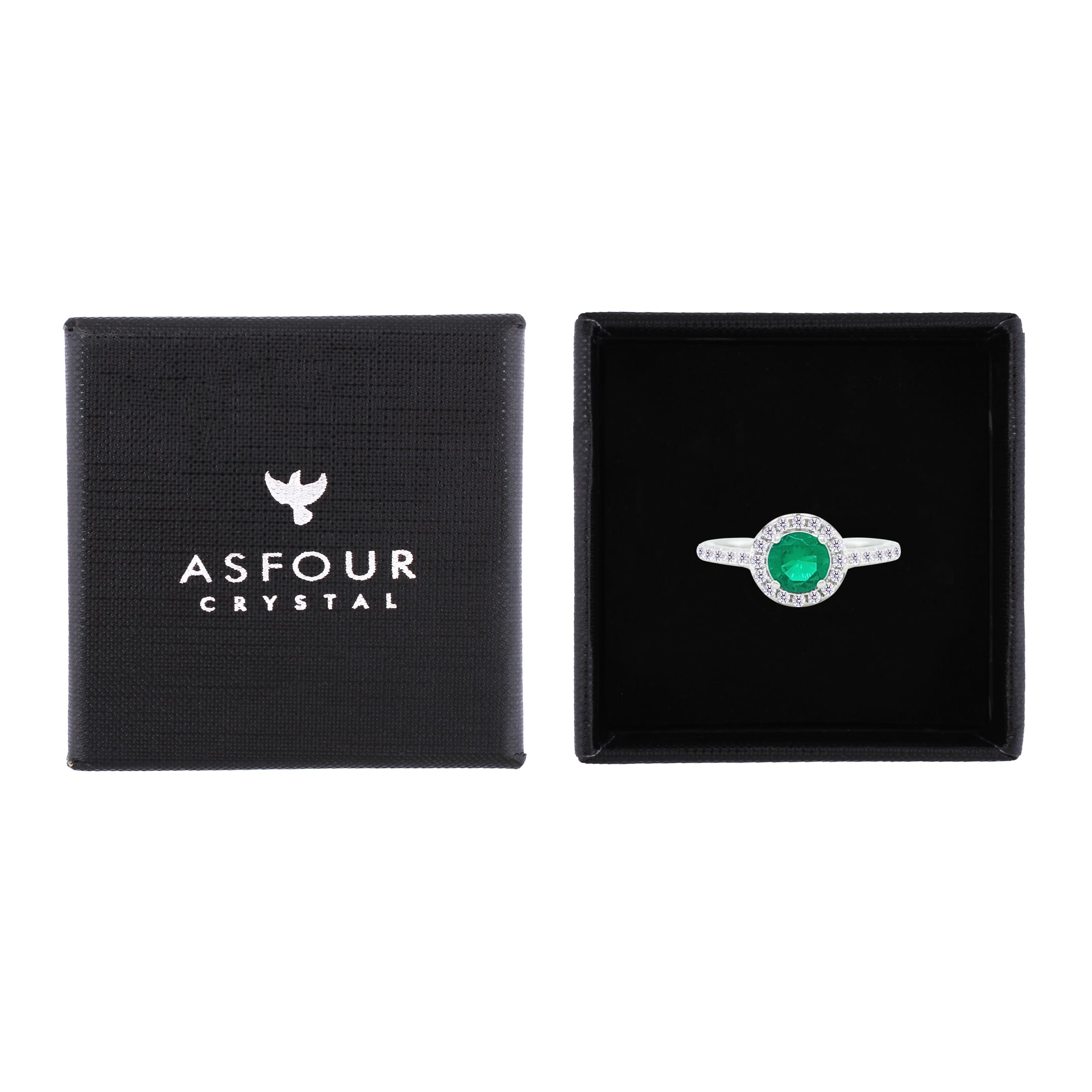 Asfour Crystal Halo Ring With Emerald Green Round Design In 925 Sterling Silver-RM0140-G-7