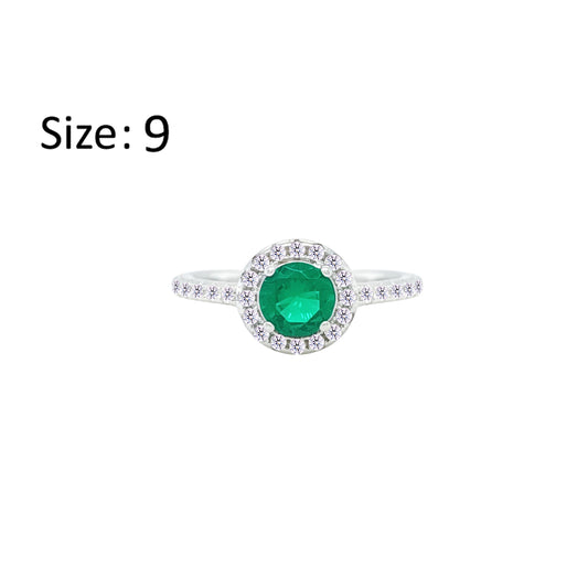 Asfour Crystal Halo Ring With Emerald Green Round Design In 925 Sterling Silver-RM0140-G-9