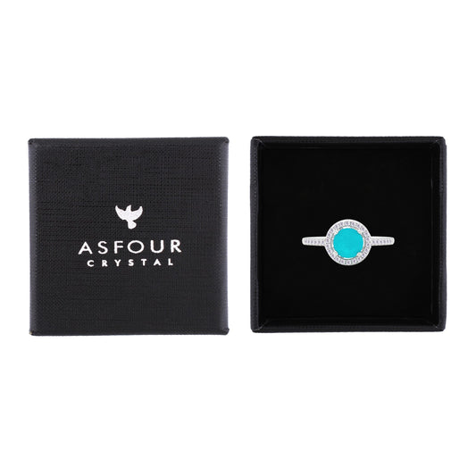 Asfour Crystal Halo Ring With Turquoise Round Design In 925 Sterling Silver-RM0141-GC-8