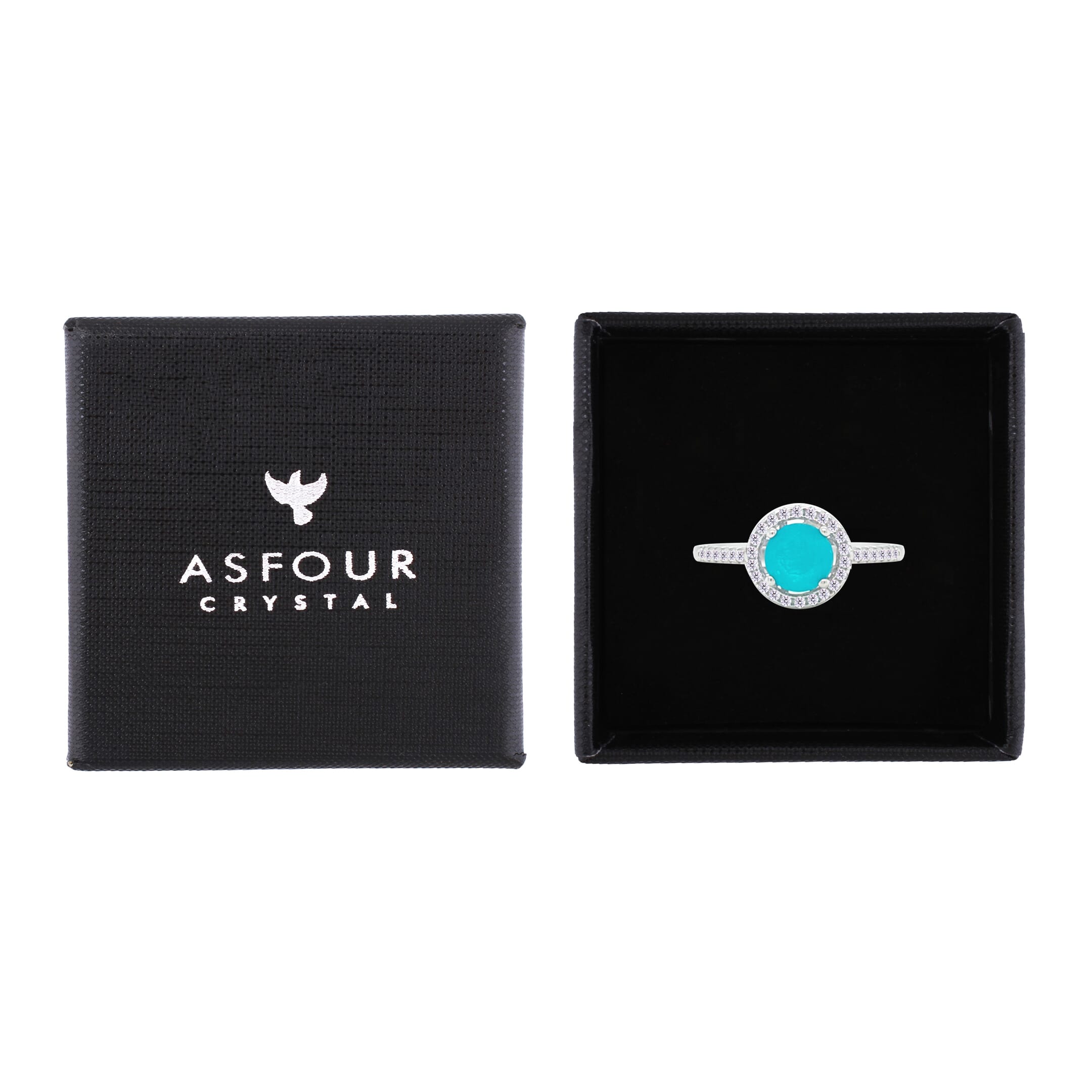 Asfour Crystal Halo Ring With Turquoise Round Design In 925 Sterling Silver-RM0141-GC-9