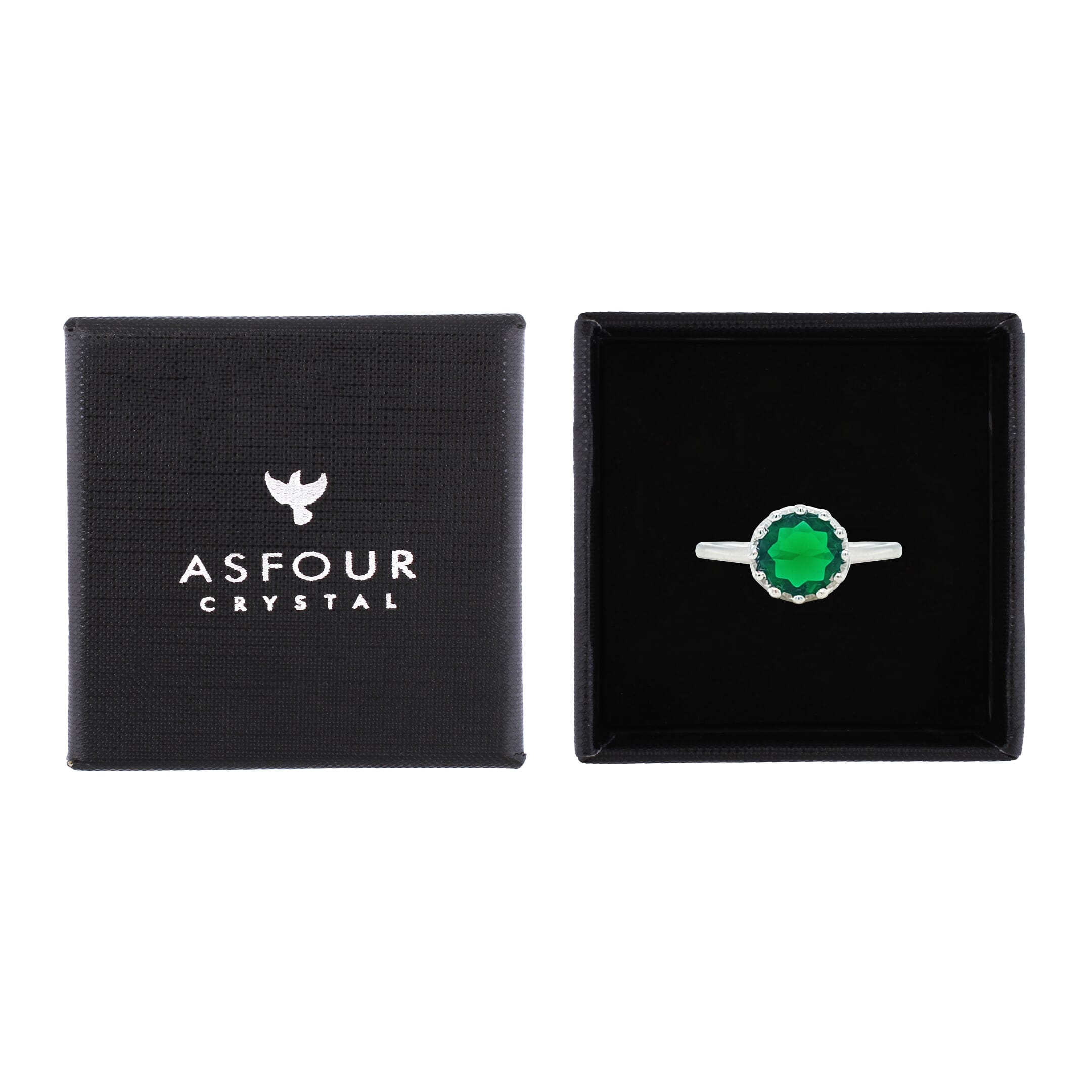 Asfour Crystal Fashion Ring With Emerald Green Round Zircon In 925 Sterling Silver-RM0142-G-8