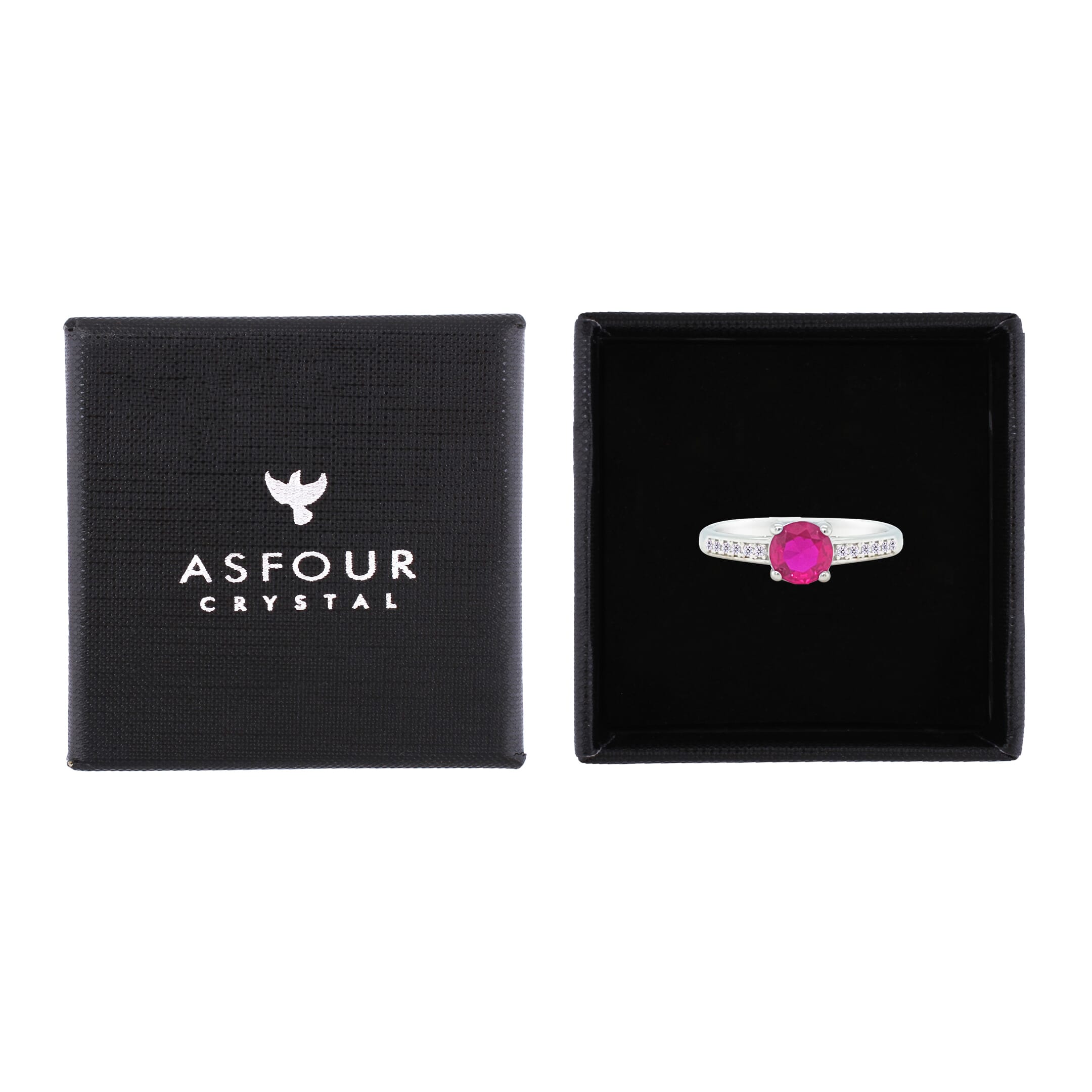 Asfour Crystal Fashion Ring With Fuchsia Round Design In 925 Sterling Silver-RM0144-F-8