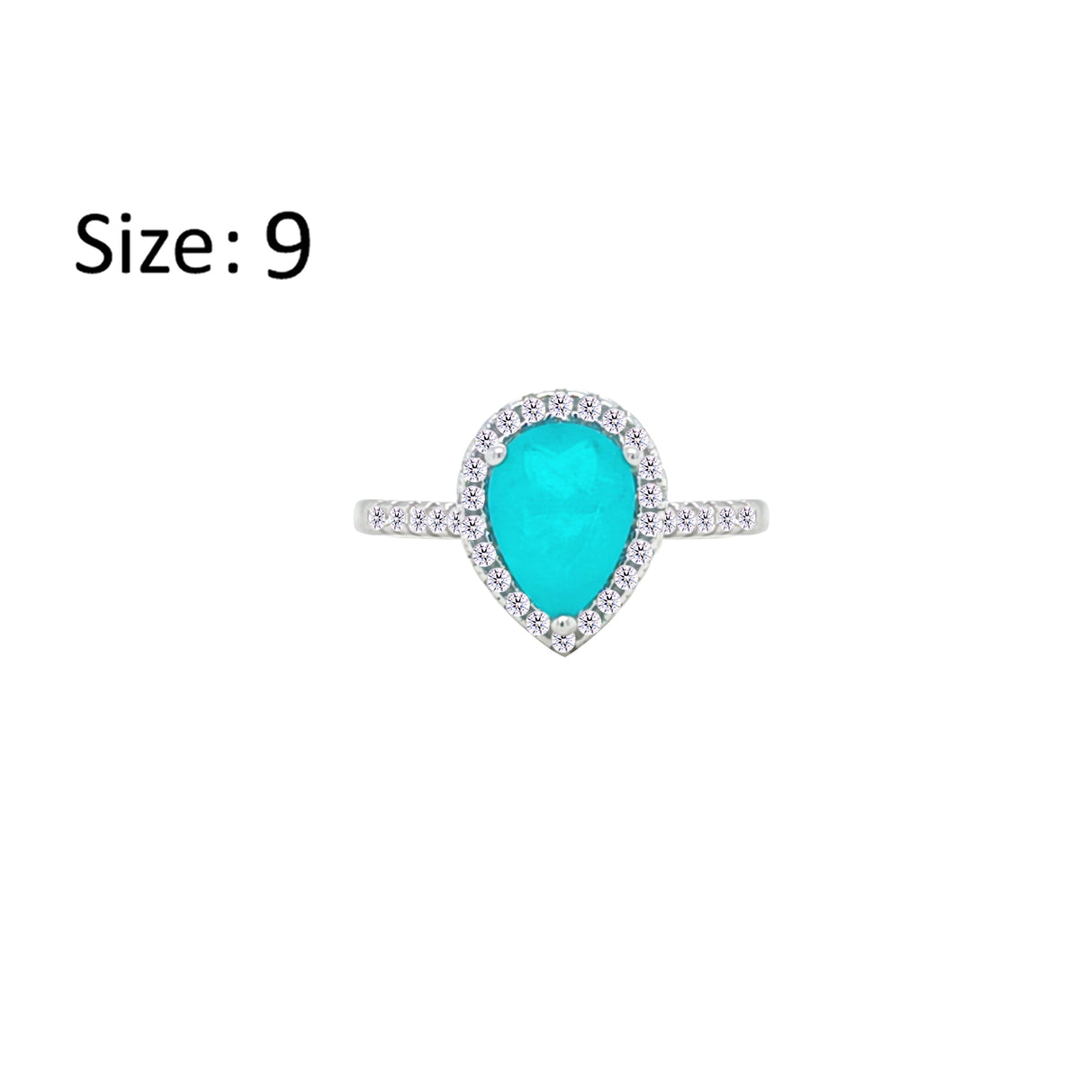 Asfour Crystal Halo Ring With Turquoise Pear Design In 925 Sterling Silver-RM0145-GC-9