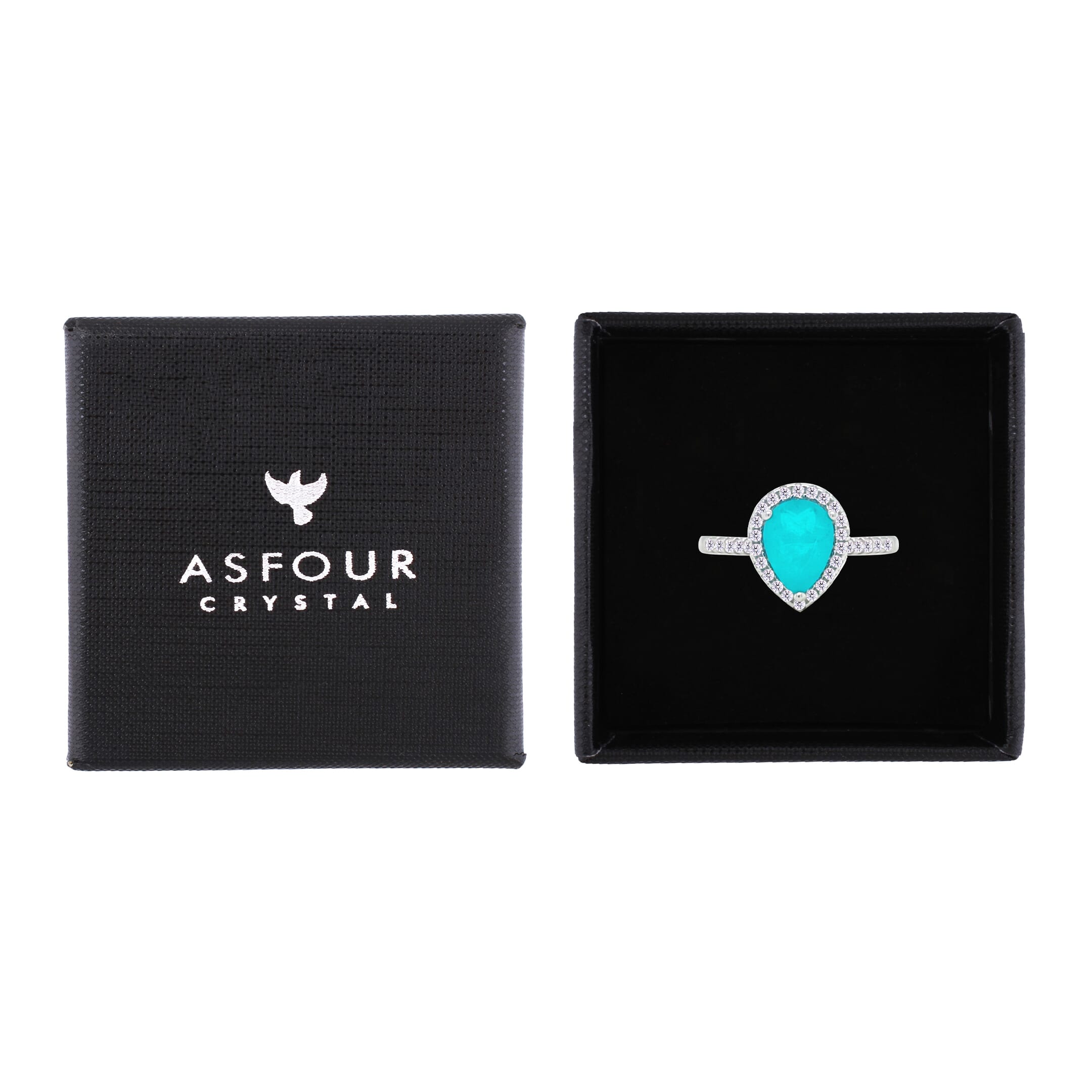 Asfour Crystal Halo Ring With Turquoise Pear Design In 925 Sterling Silver-RM0145-GC-9