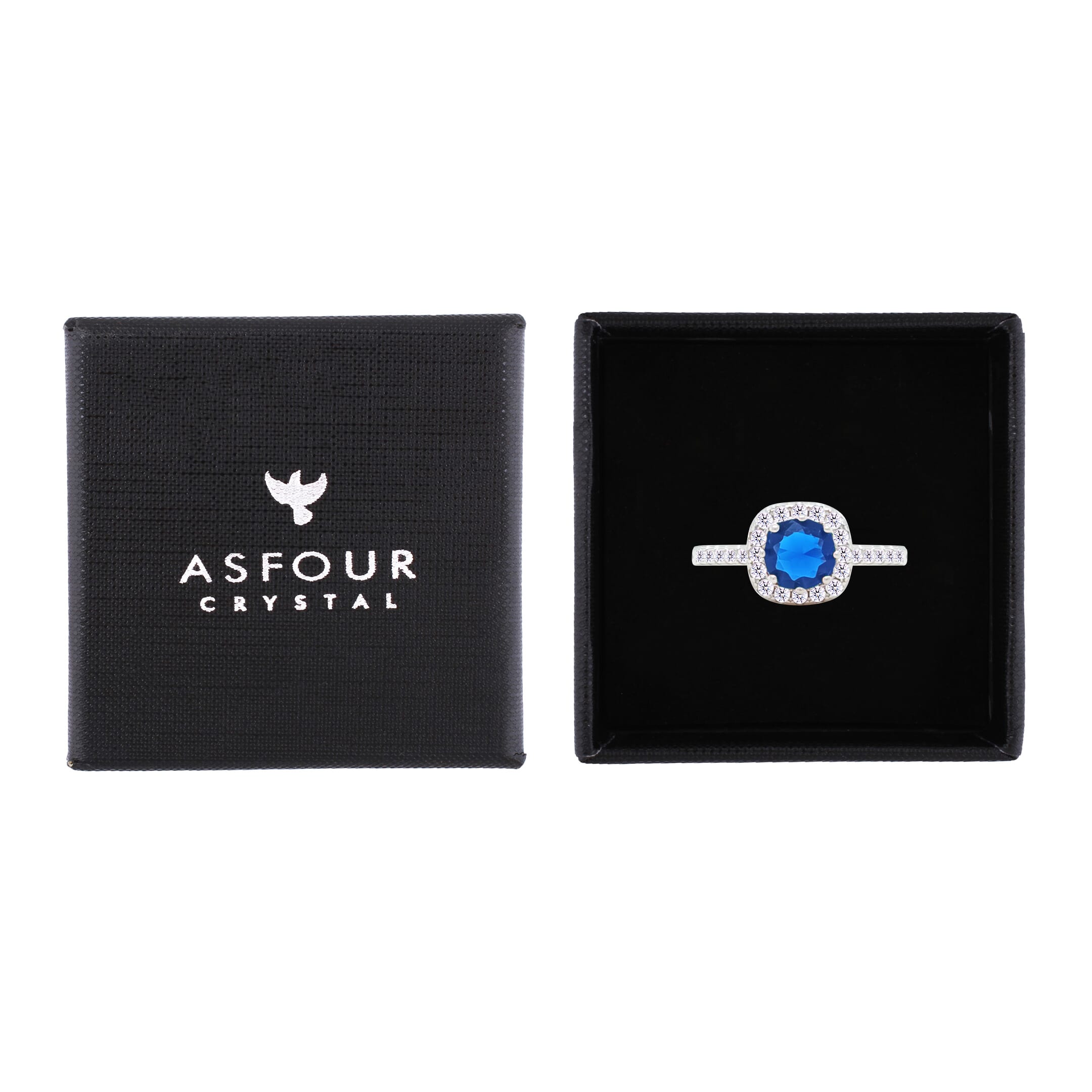 Asfour Crystal Halo Ring With Blue Square Design In 925 S-RM0147-B-7