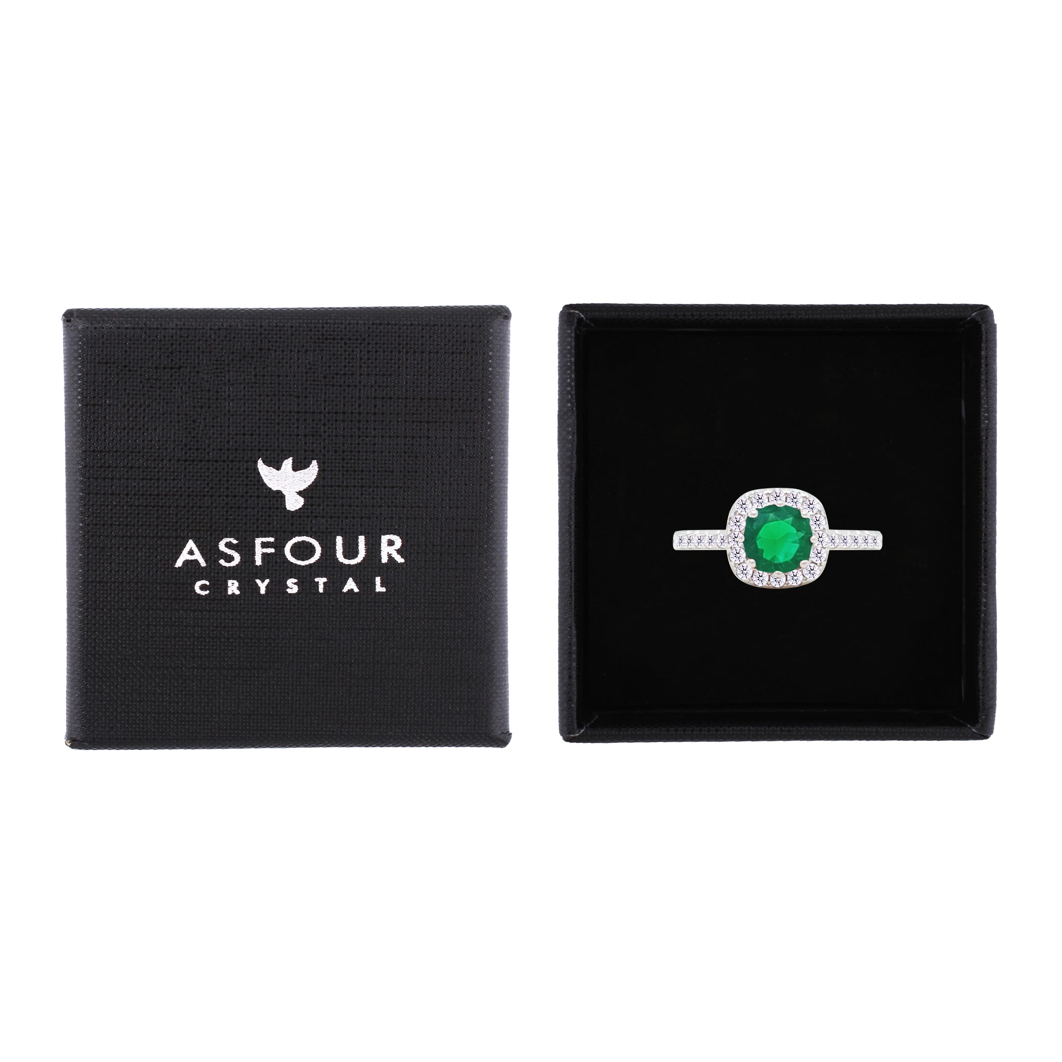 Asfour Crystal Halo Ring With Emerald Green Square Design In 925 S-RM0147-G-7