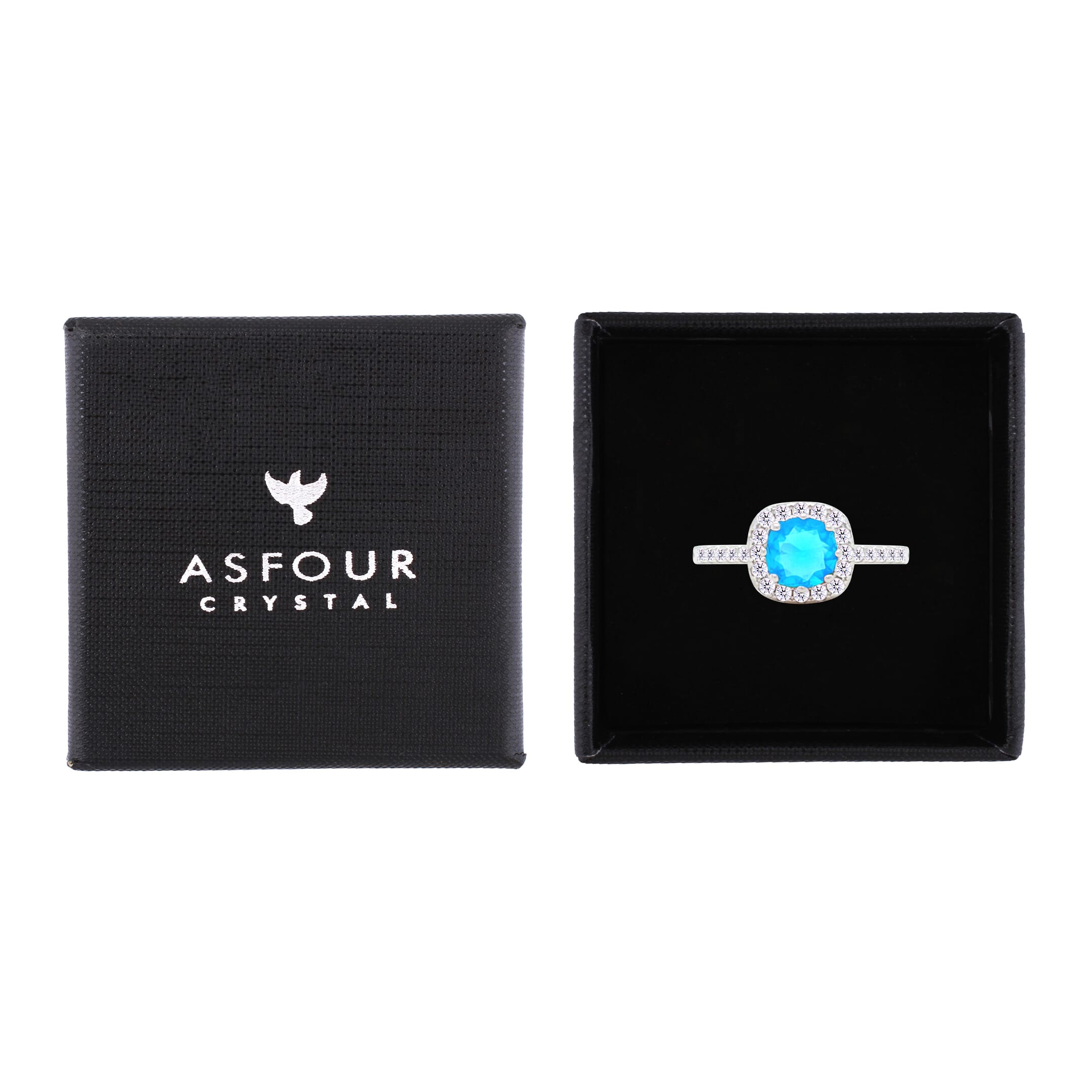 Asfour Crystal Halo Ring With Aquamarine Square Design In 925 S-RM0147-M-8
