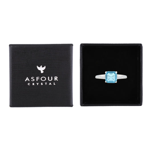 Asfour Crystal Fashion Ring With Aquamarine Square Design In 925 Sterling Silver-RM0150-M-7