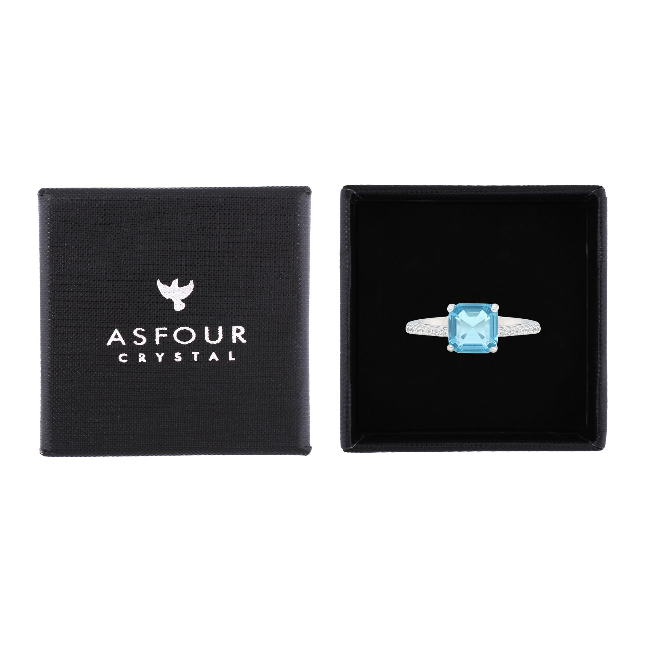 Asfour Crystal Fashion Ring With Aquamarine Square Design In 925 Sterling Silver-RM0150-M-8