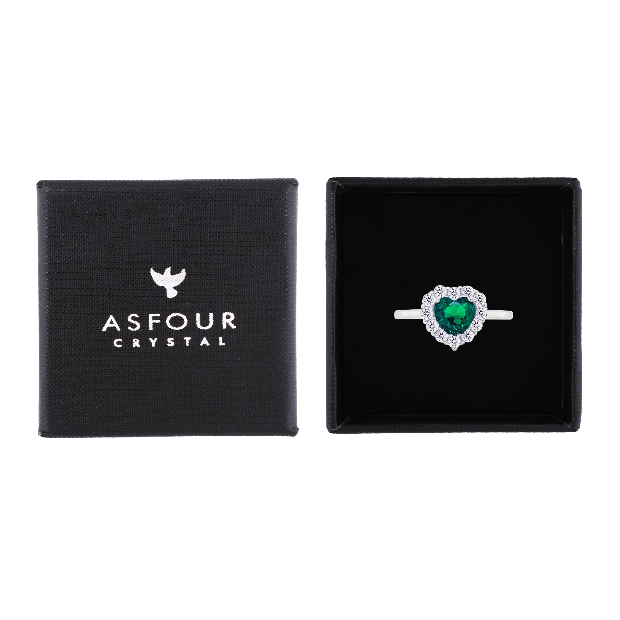 Asfour Crystal Halo Ring With Emerald Green Heart Design In 925 Sterling Silver-RM0151-WG-8