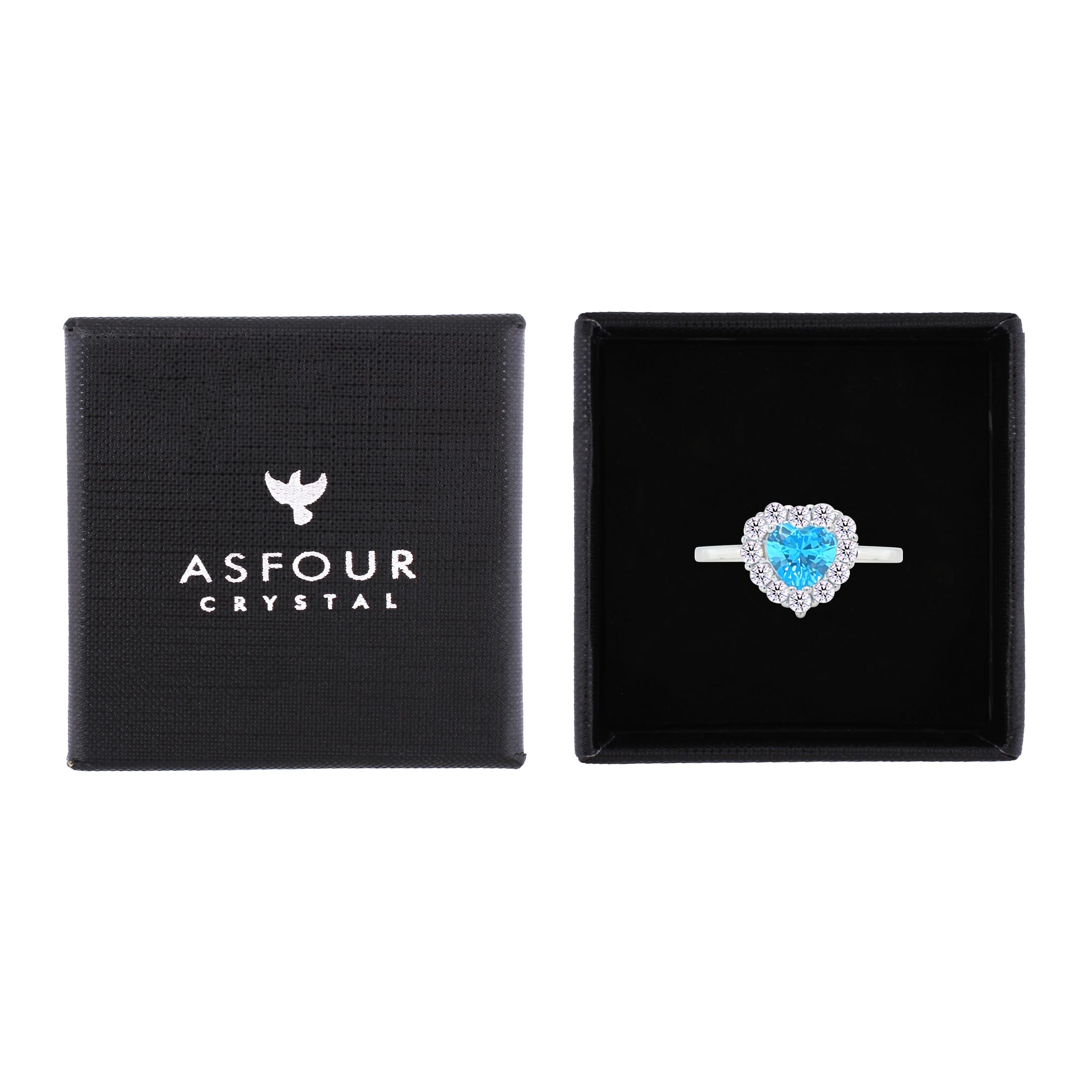 Asfour Crystal Halo Ring With Aquamarine Heart Design In 925 Sterling Silver-RM0151-WM-7