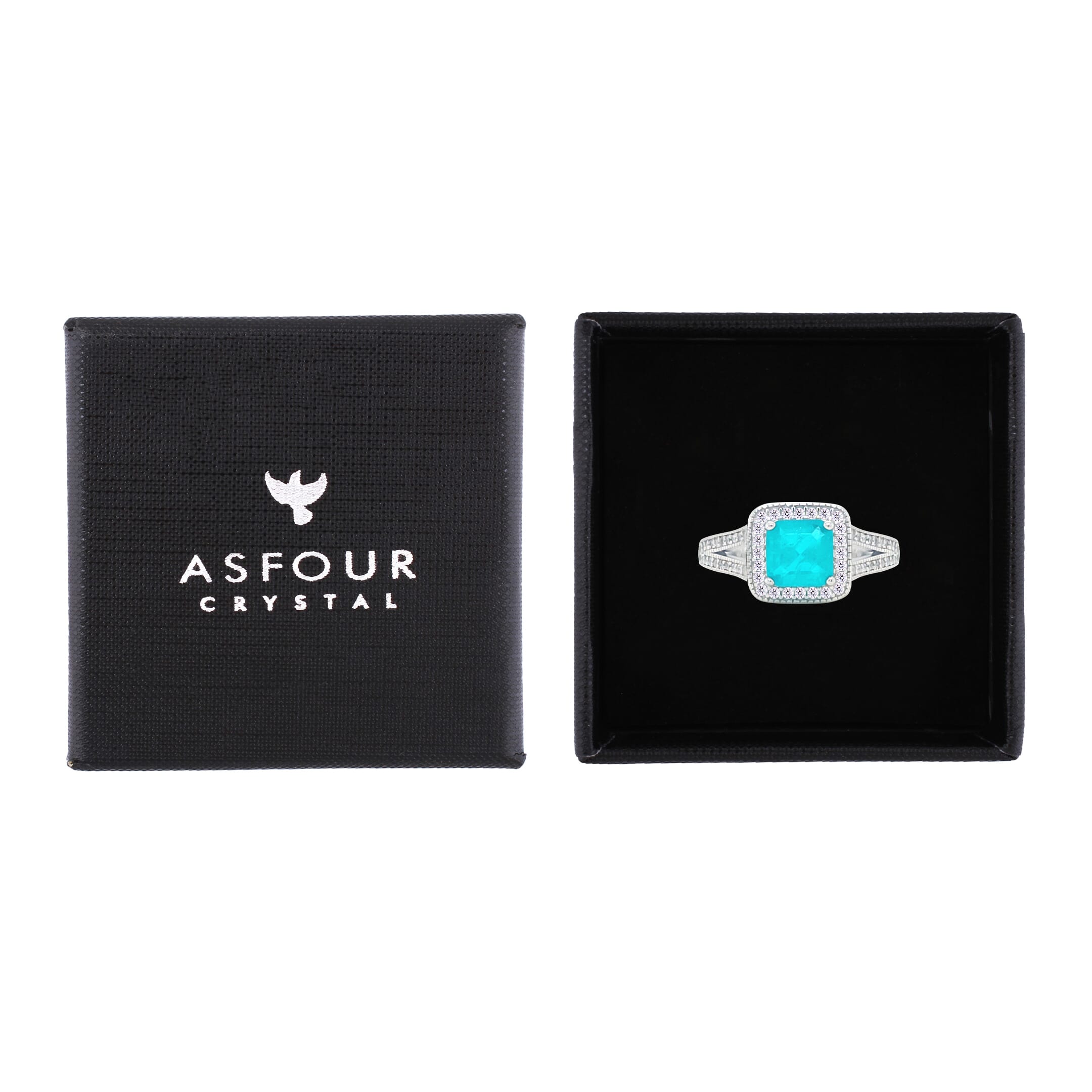 Asfour Crystal Split Shank Halo Ring With Turquoise Square Design In 925 Sterling Silver-RM0152-GC-7
